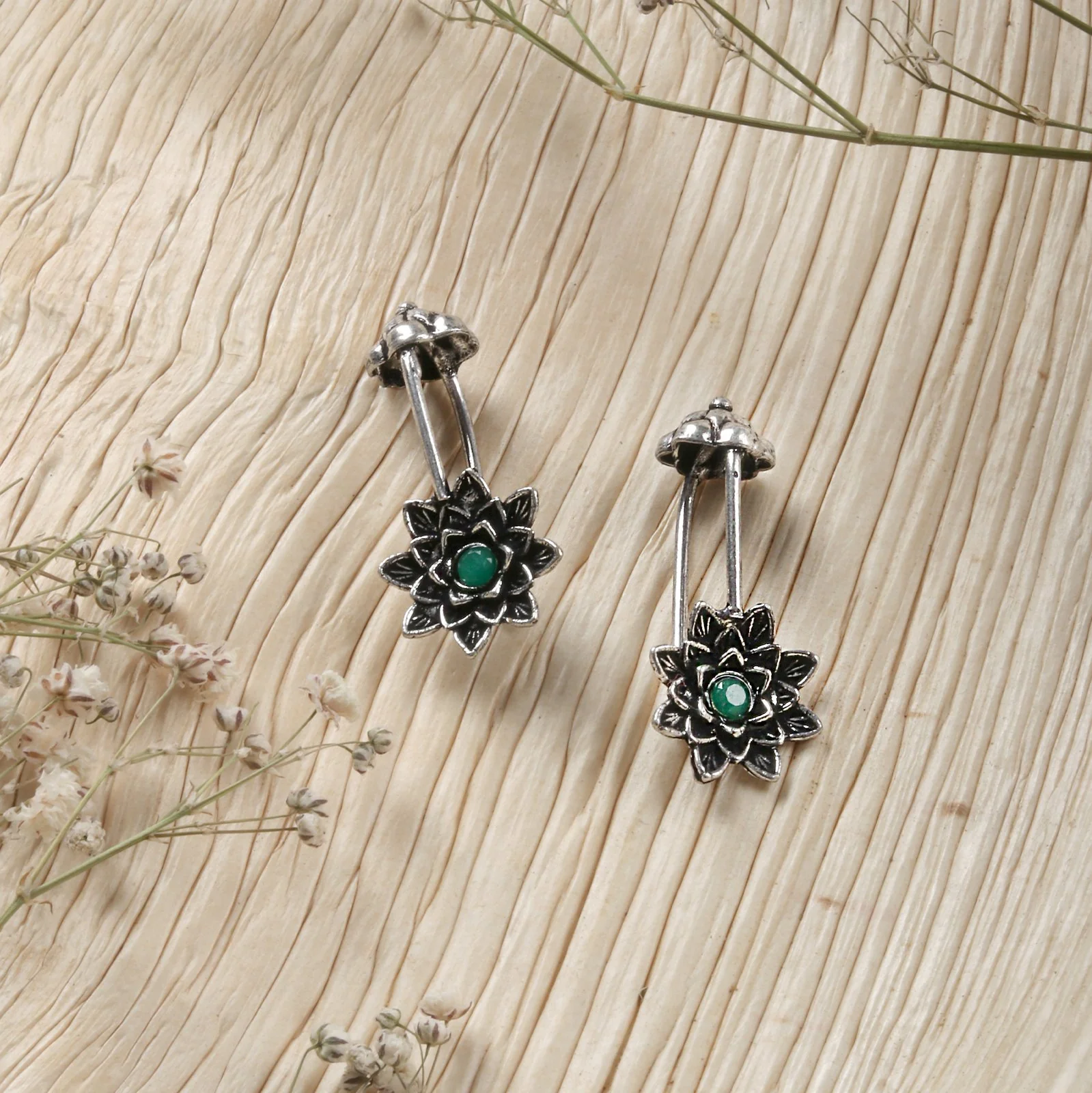 Teejh Ridhima Green Stone Silver Oxidised Clip On Bugadi - Image 2