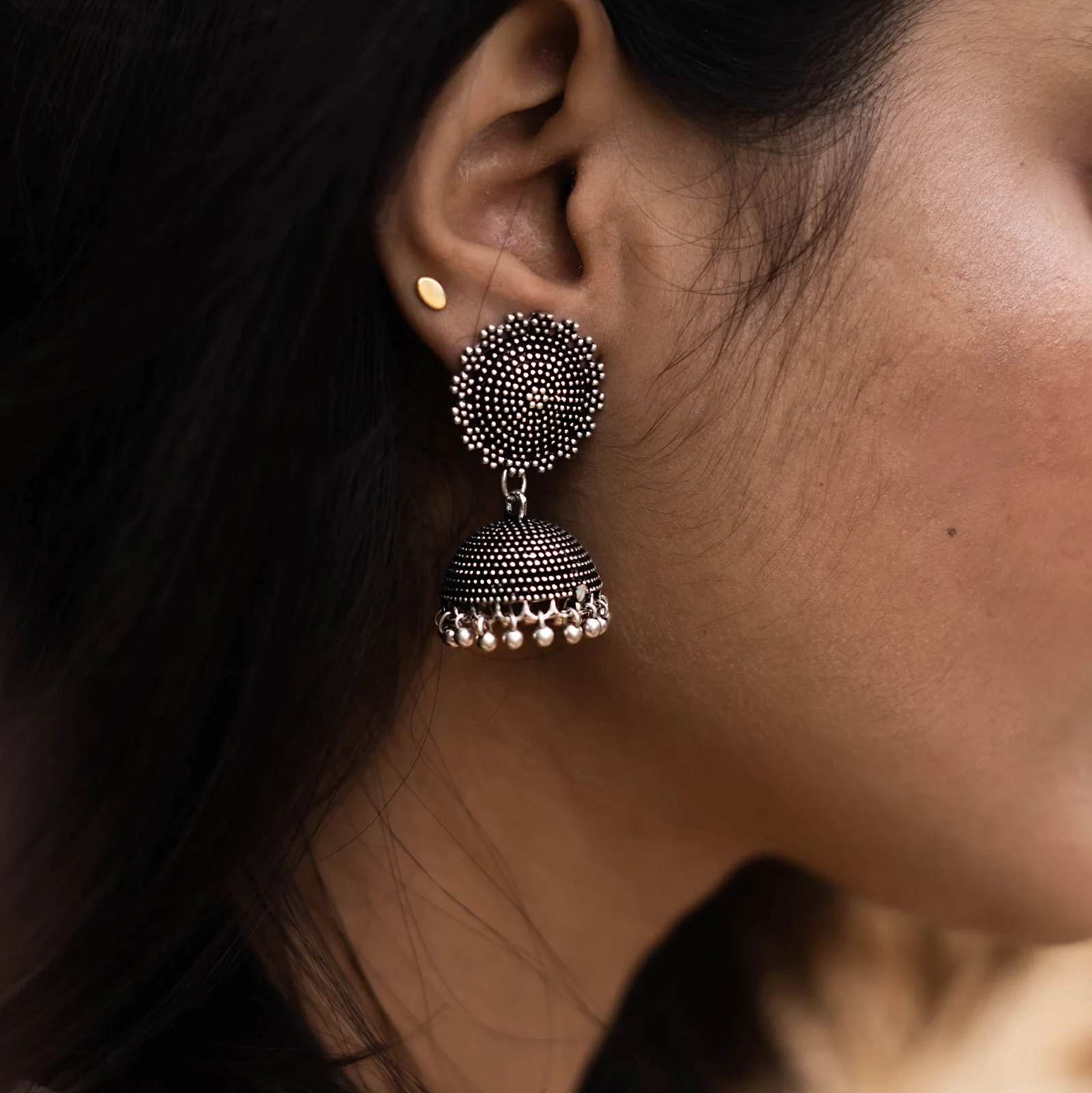 Teejh Rigvedita Floral Ethnic Silver Oxidised Jhumki - Image 2