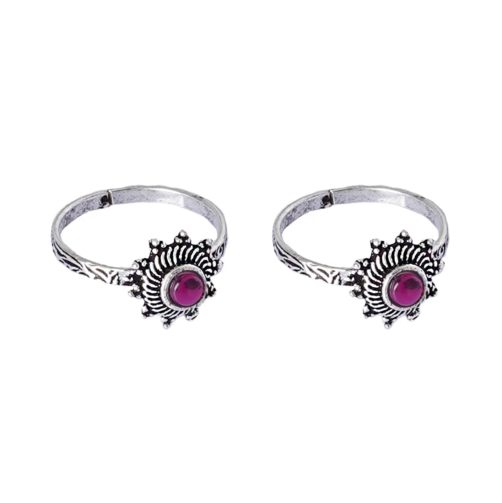 Teejh Rishika Pink Stone Silver Oxidised Toe Rings - Image 5