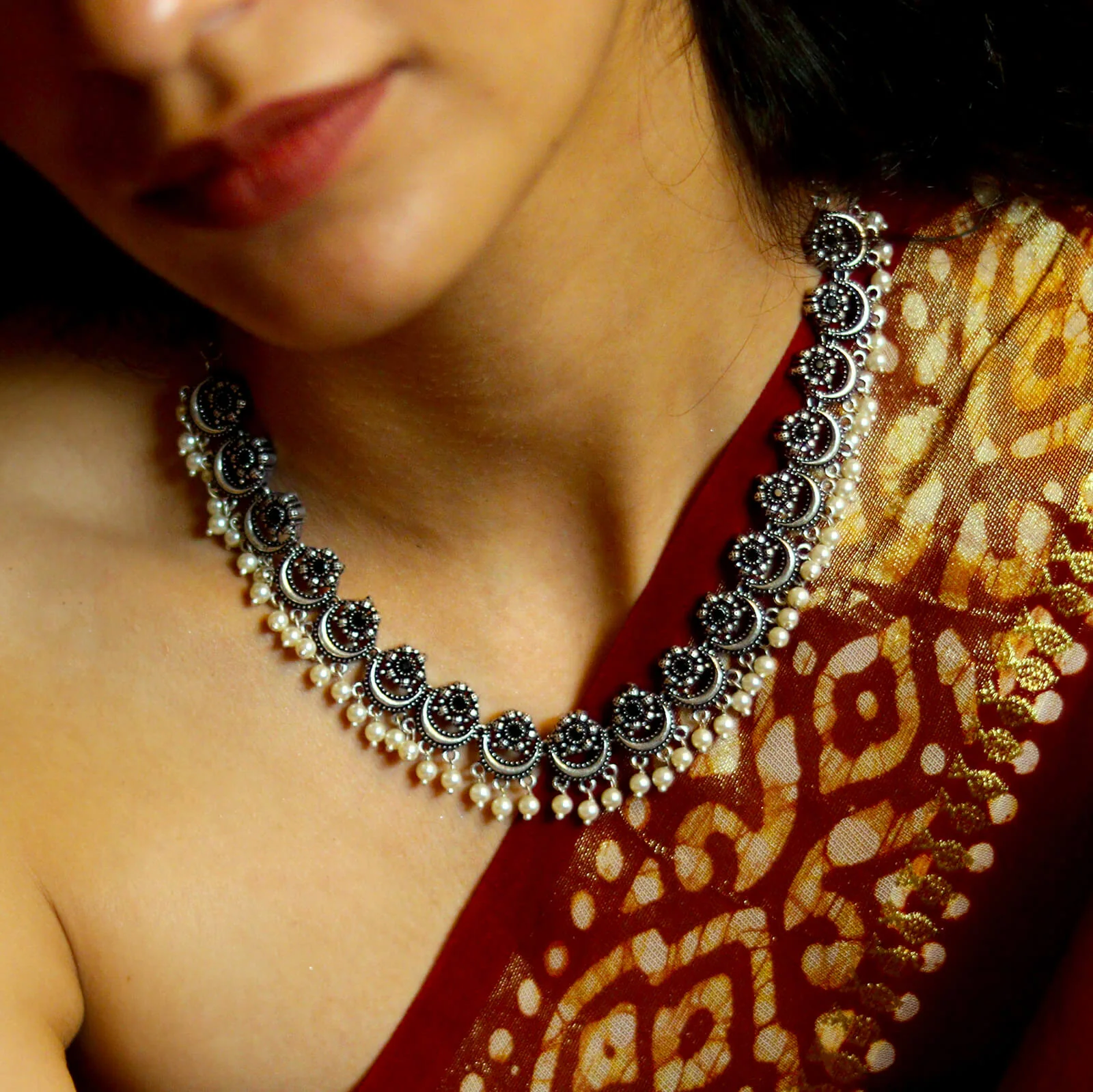 Rupa Black Stone Silver Oxidized Floral Necklace Set - Image 2