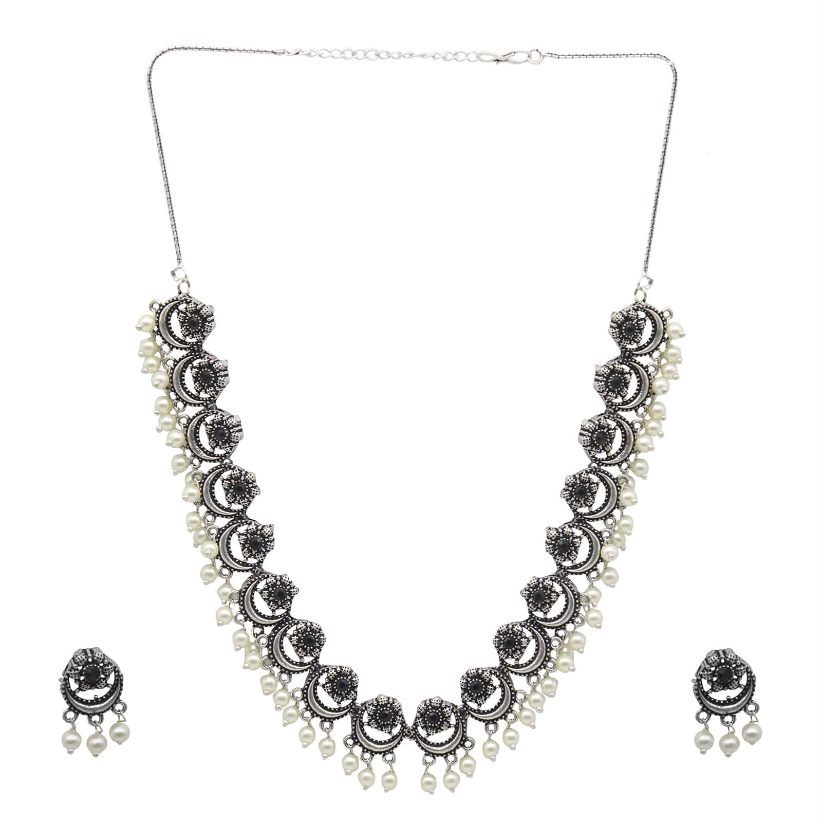 Rupa Black Stone Silver Oxidized Floral Necklace Set - Image 3