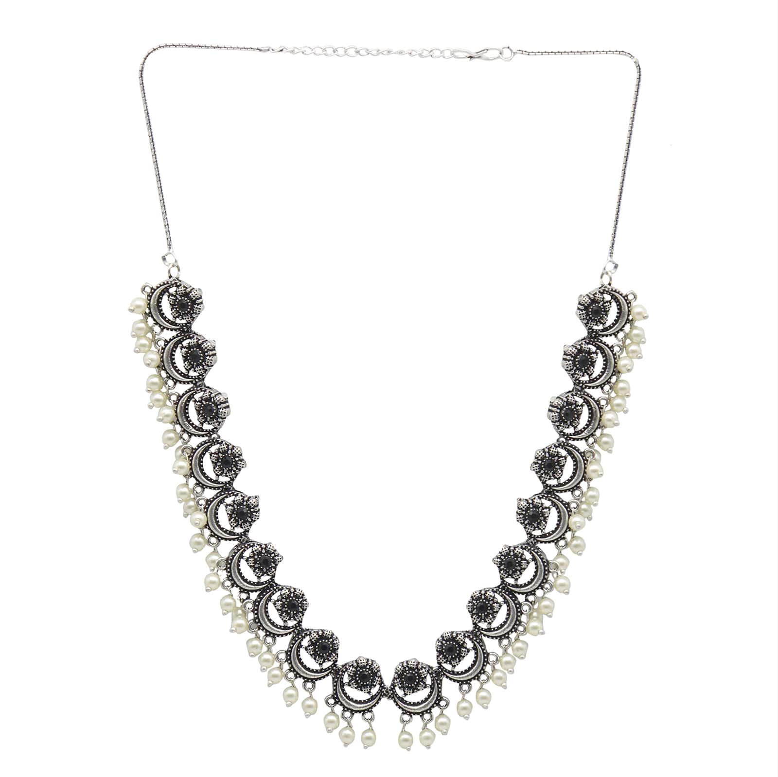 Rupa Black Stone Silver Oxidized Floral Necklace Set - Image 4