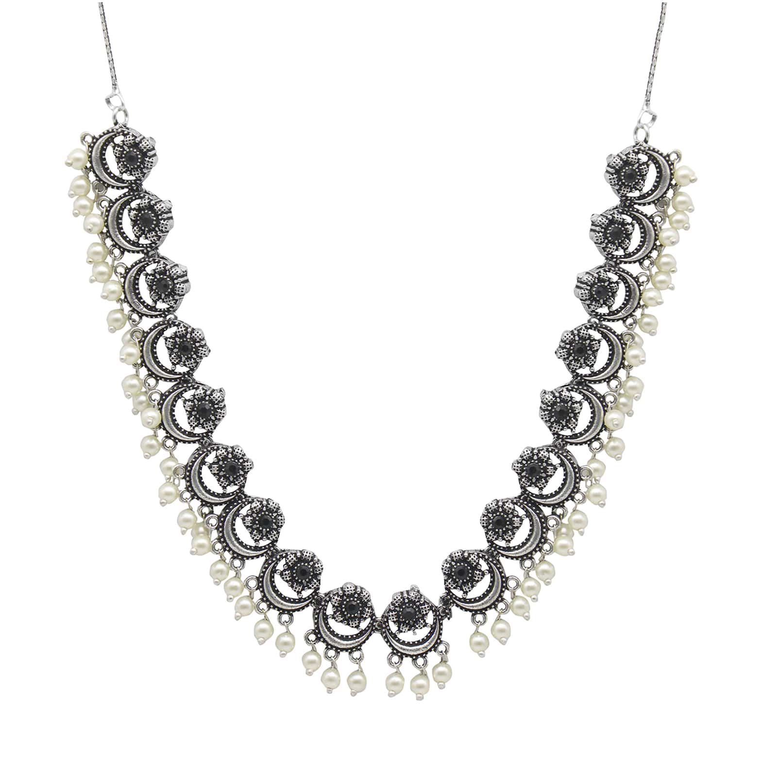 Rupa Black Stone Silver Oxidized Floral Necklace Set - Image 5