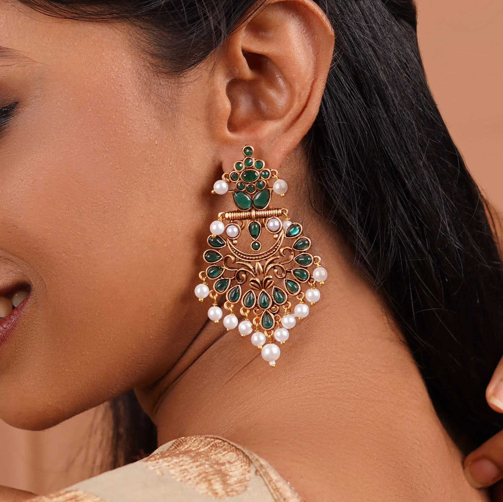 Teejh Rutuja Dark Green Gold Enamel Earrings - Image 2