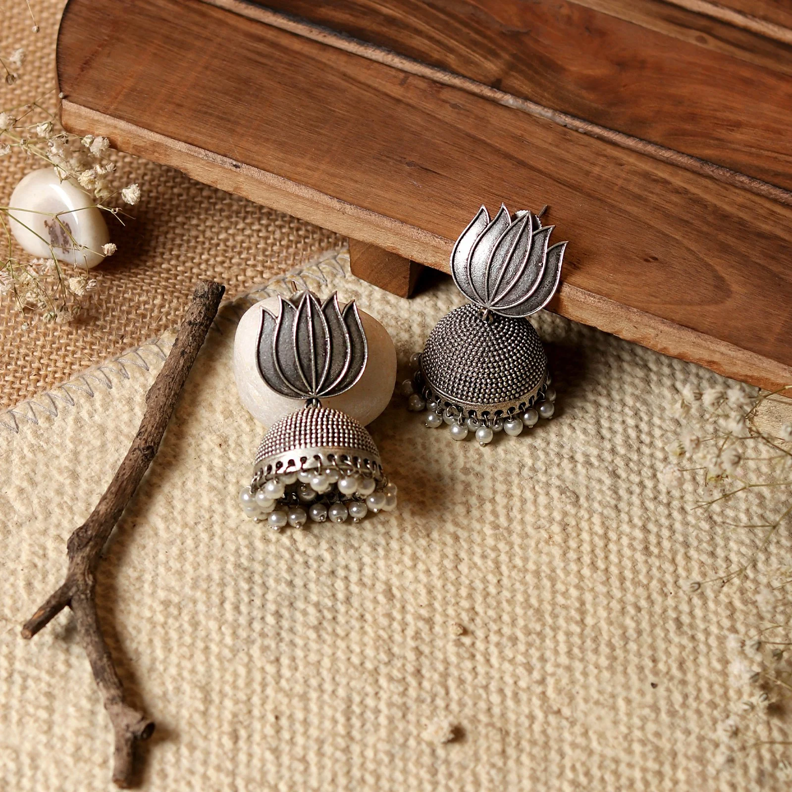 Teejh Sadika Lotus Silver Oxidised Earrings - Image 2