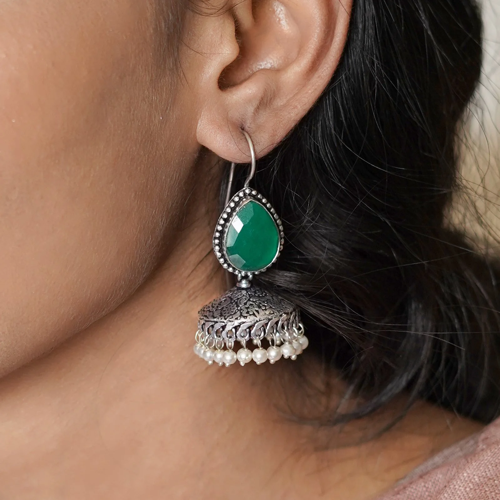 Teejh Sahasra Green Stone Silver Oxidised Earrings - Image 2