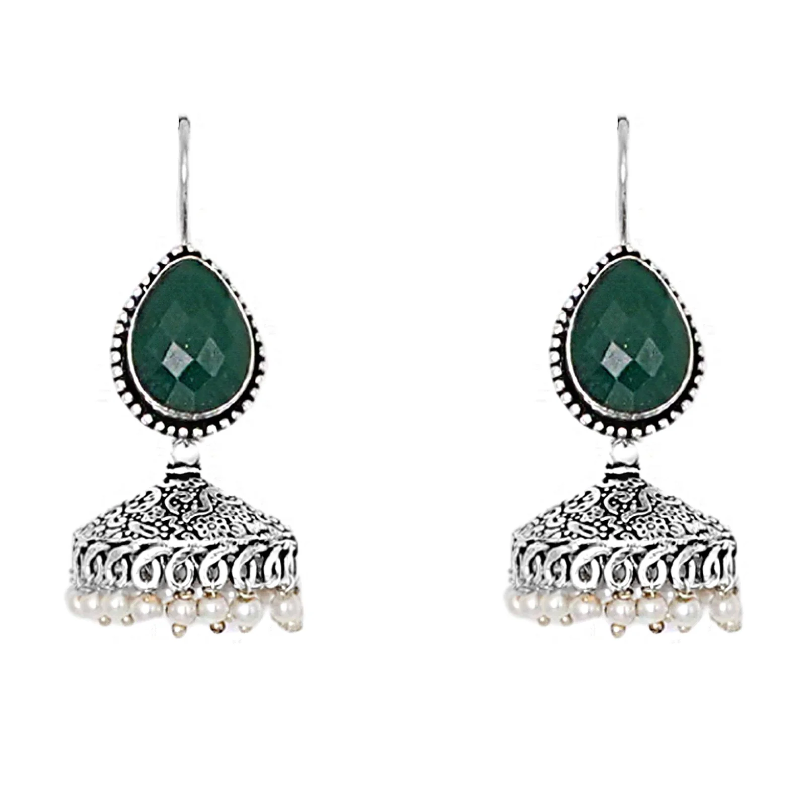 Teejh Sahasra Green Stone Silver Oxidised Earrings - Image 3