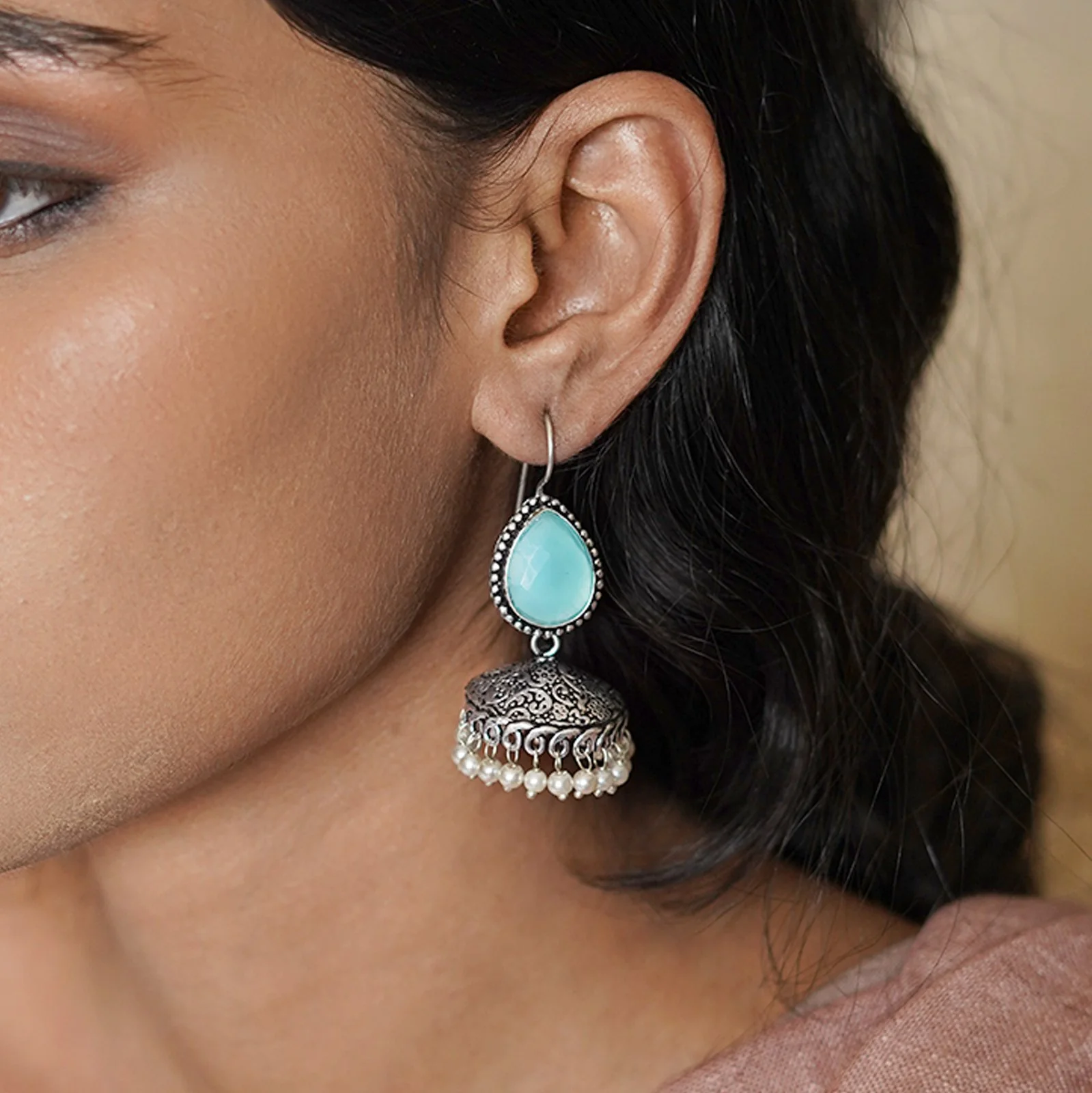 Teejh Sahasra Light Blue Stone Silver Oxidised Earrings - Image 2