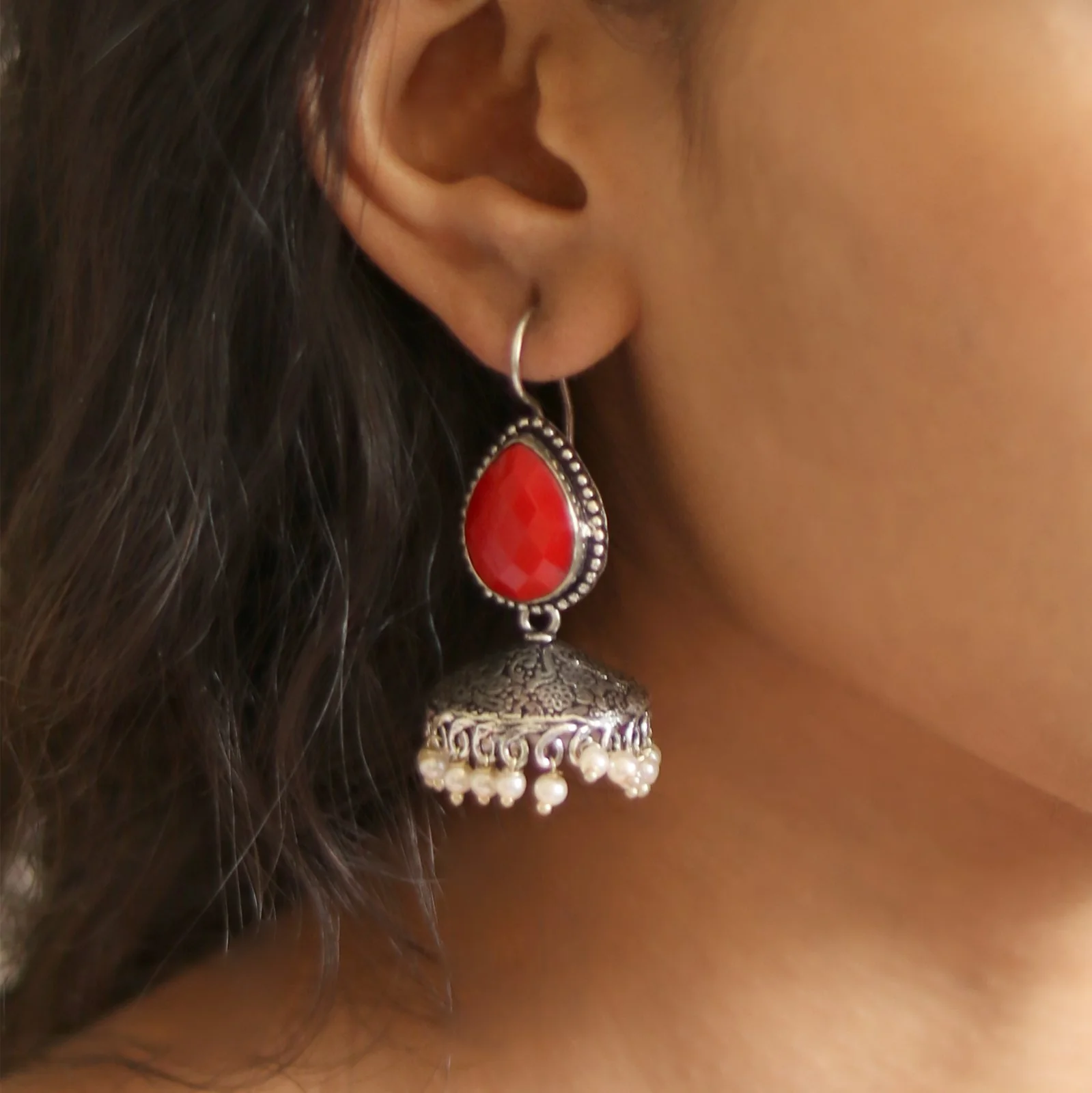 Teejh Sahasra Red Stone Silver Oxidised Earrings - Image 2