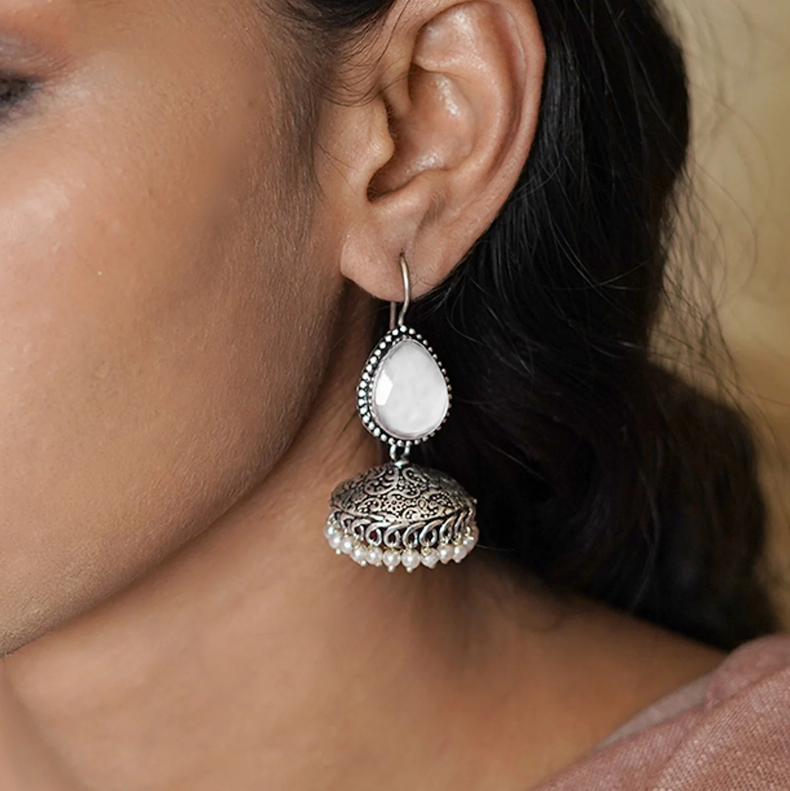 Teejh Sahasra White Stone Silver Oxidised Earrings - Image 2