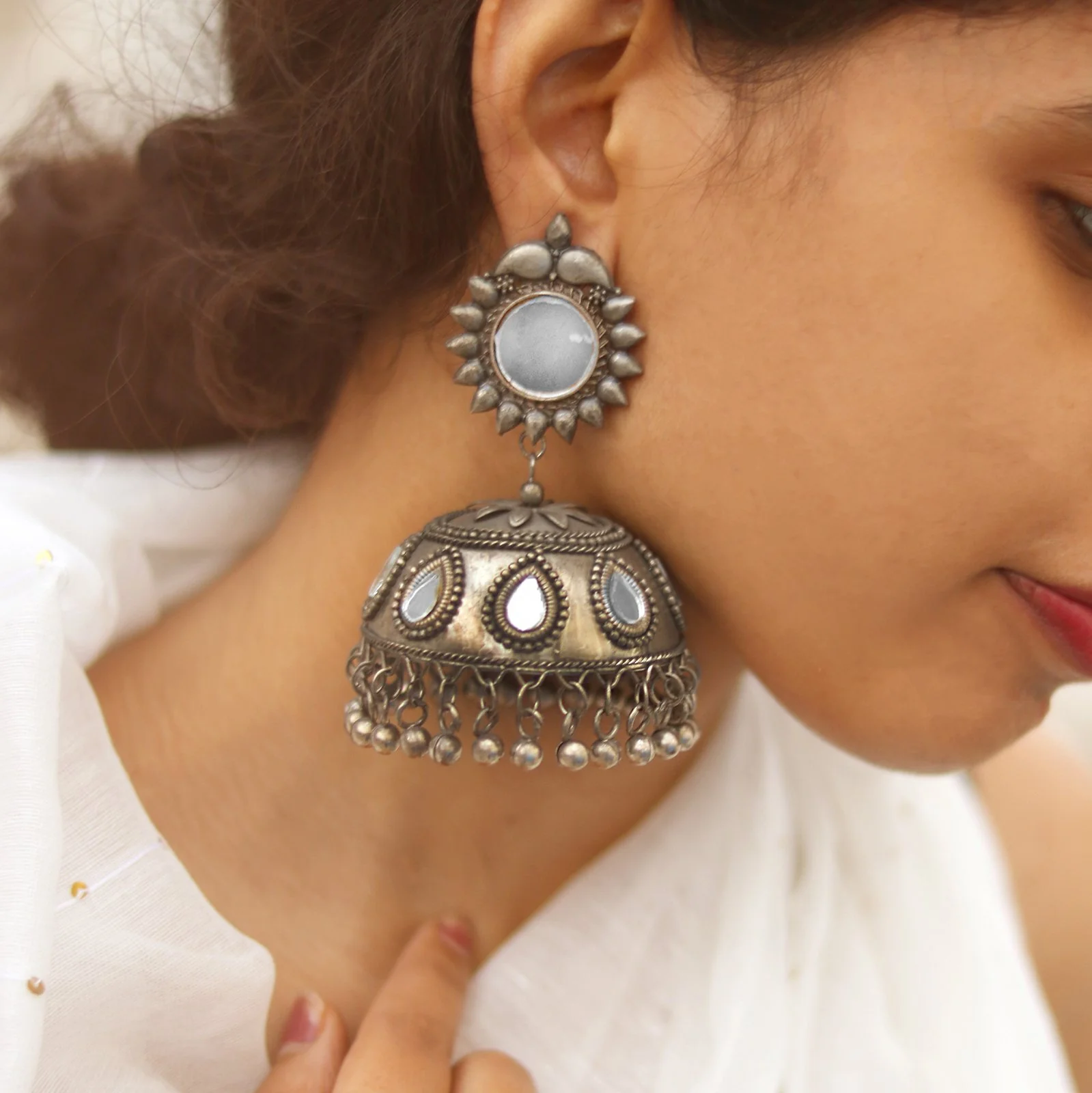 Teejh Saiyra Silver Oxidised Mirror Jhumkis - Image 2