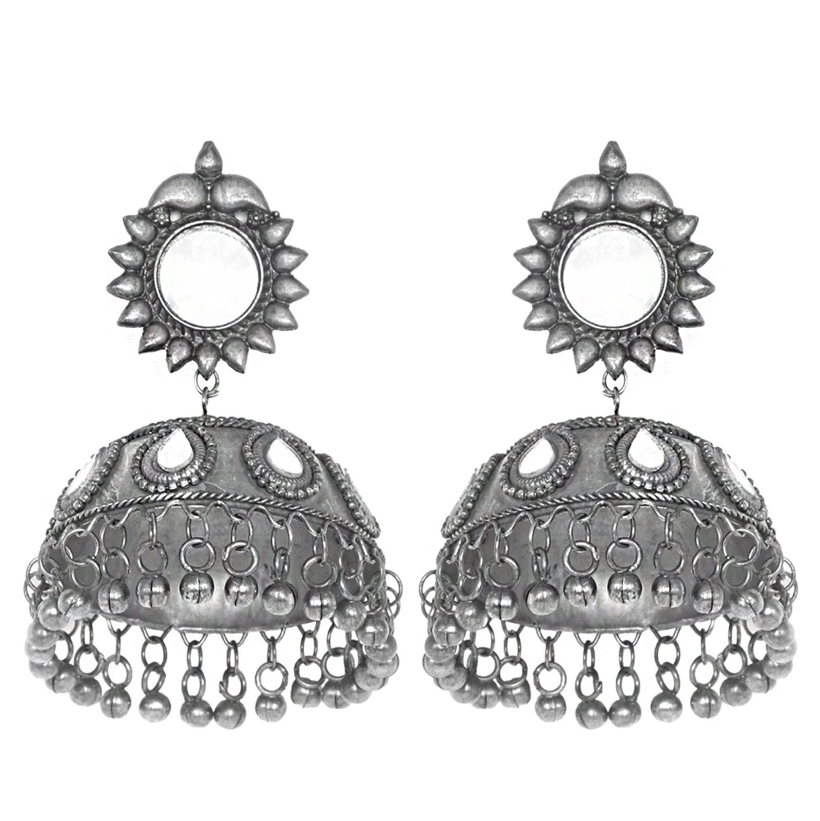 Teejh Saiyra Silver Oxidised Mirror Jhumkis - Image 4