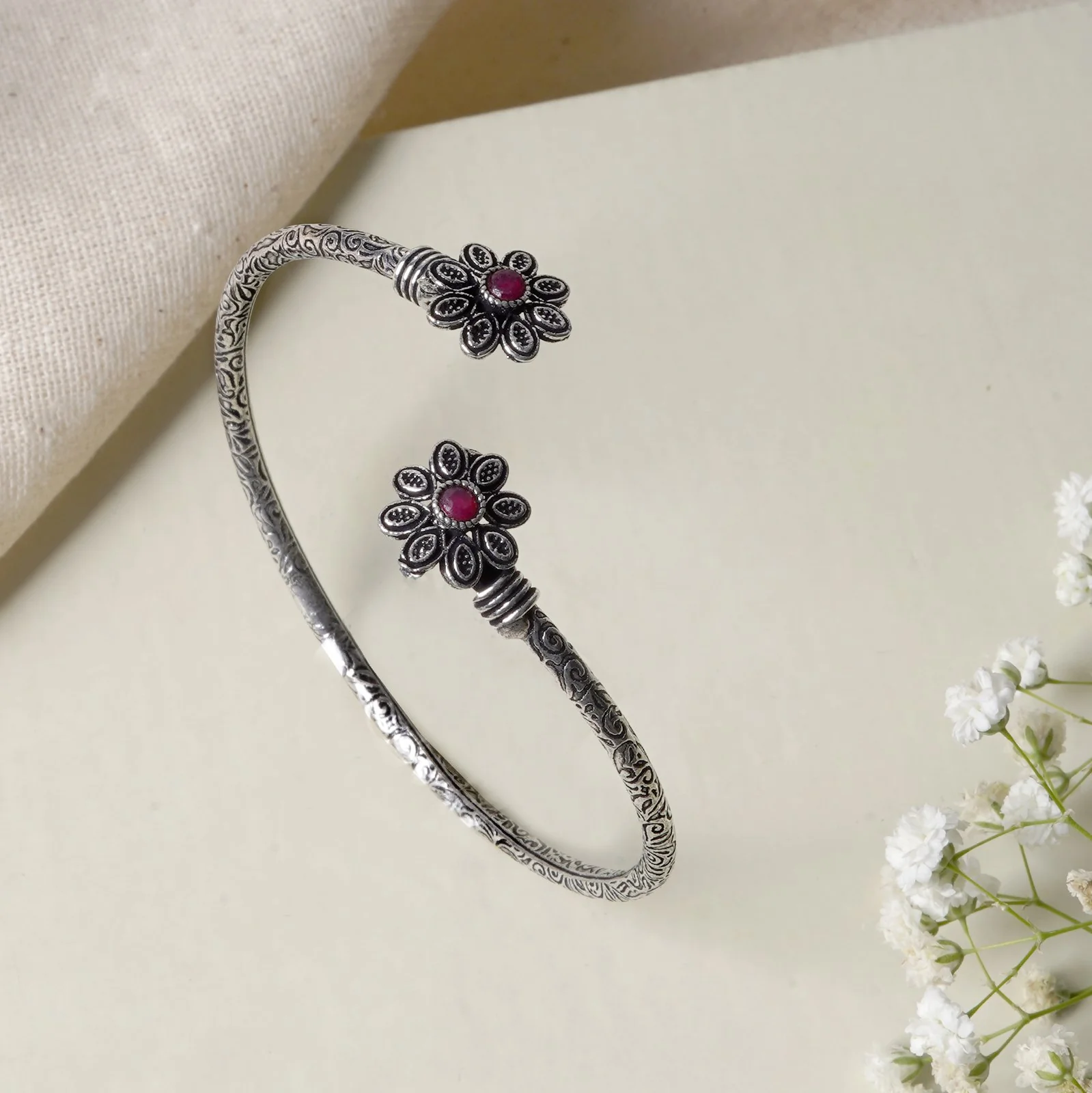 Teejh Saroj Silver Oxidised Floral Bracelet - Image 2