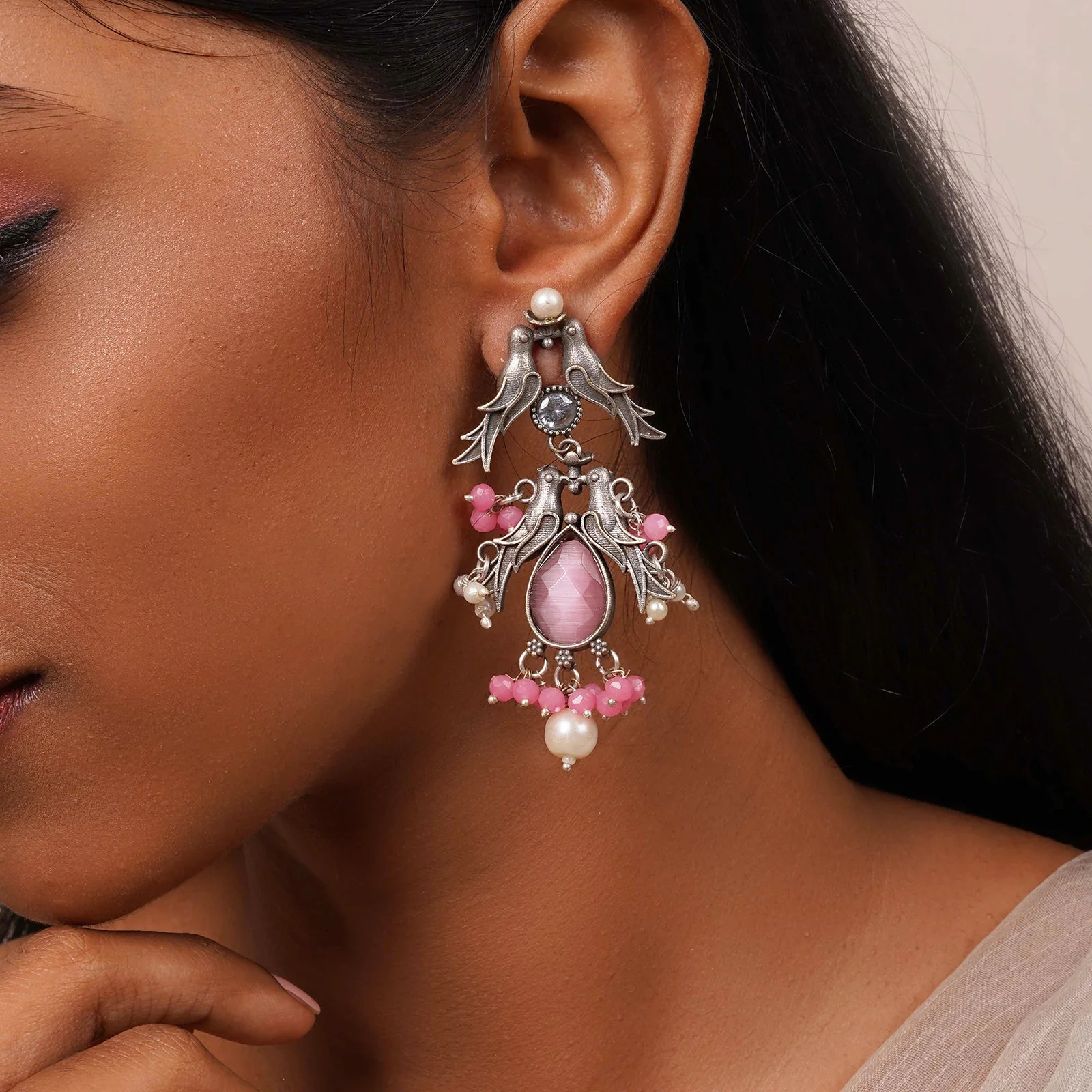 Teejh Shyala Pink and Silver Oxidised Earring - Image 2