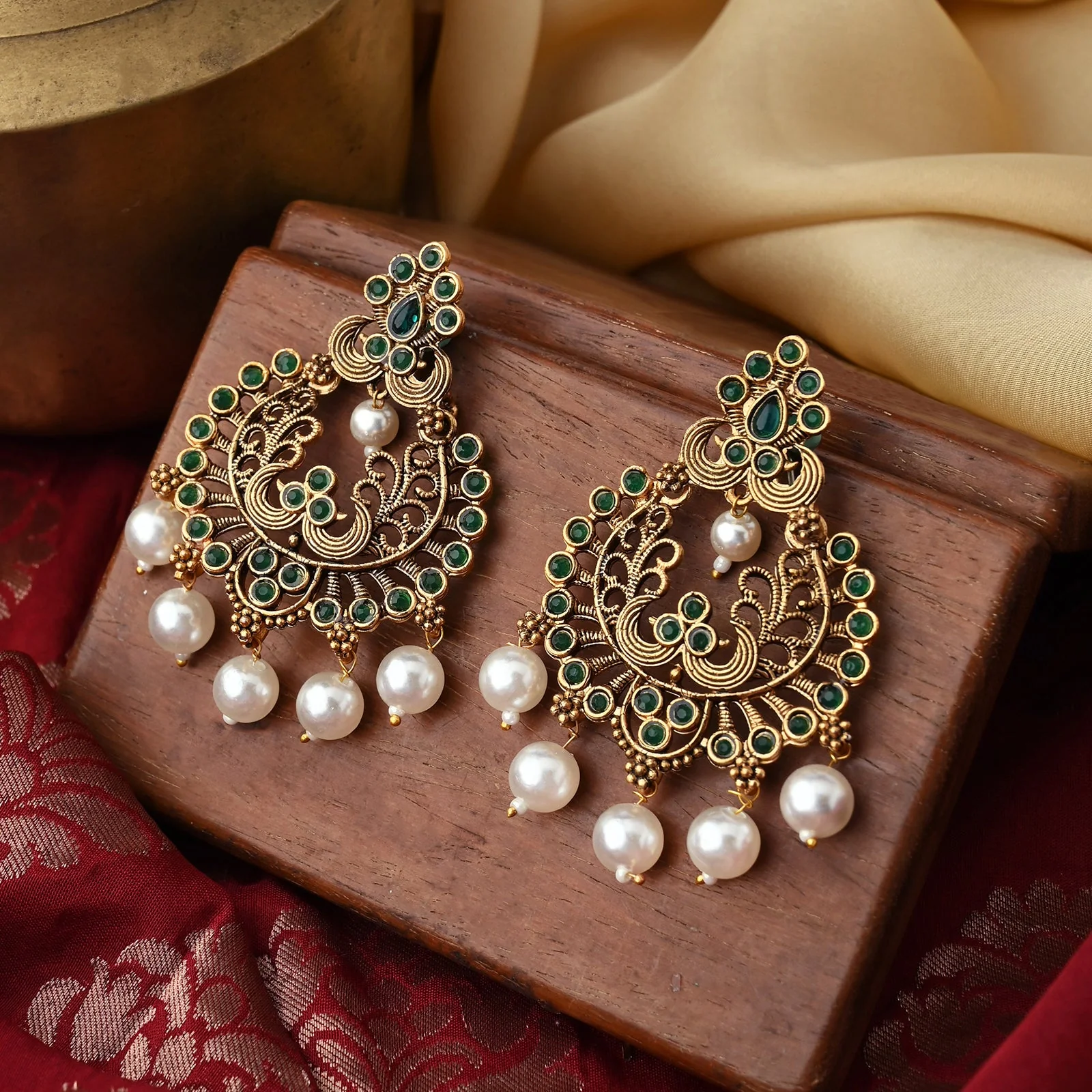 Teejh Siyaa Dark Green Gold Enamel Earrings - Image 2