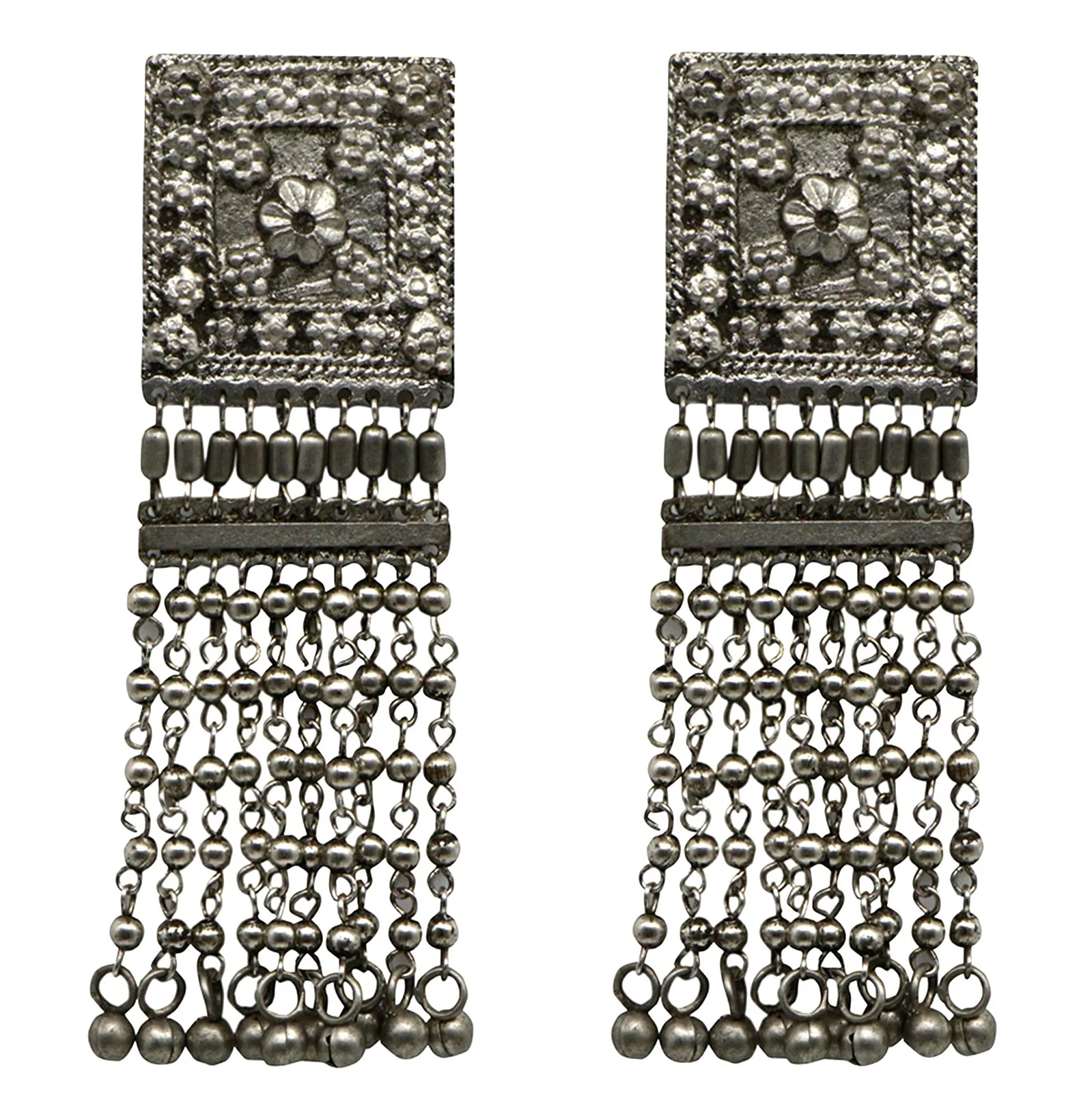 Sneha Square Motif Silver Ghungroo Oxidised Earrings - Image 4