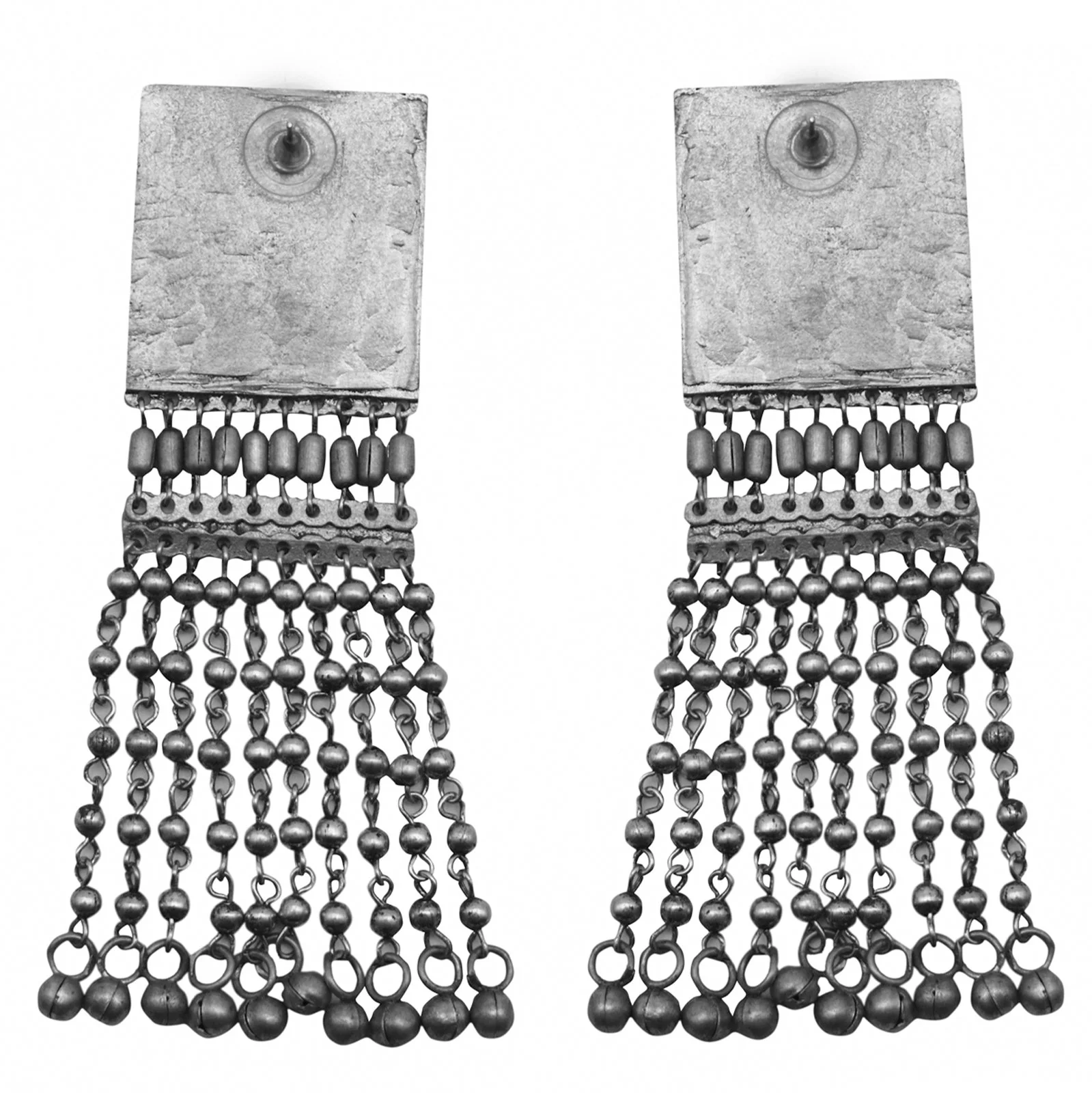 Sneha Square Motif Silver Ghungroo Oxidised Earrings - Image 6