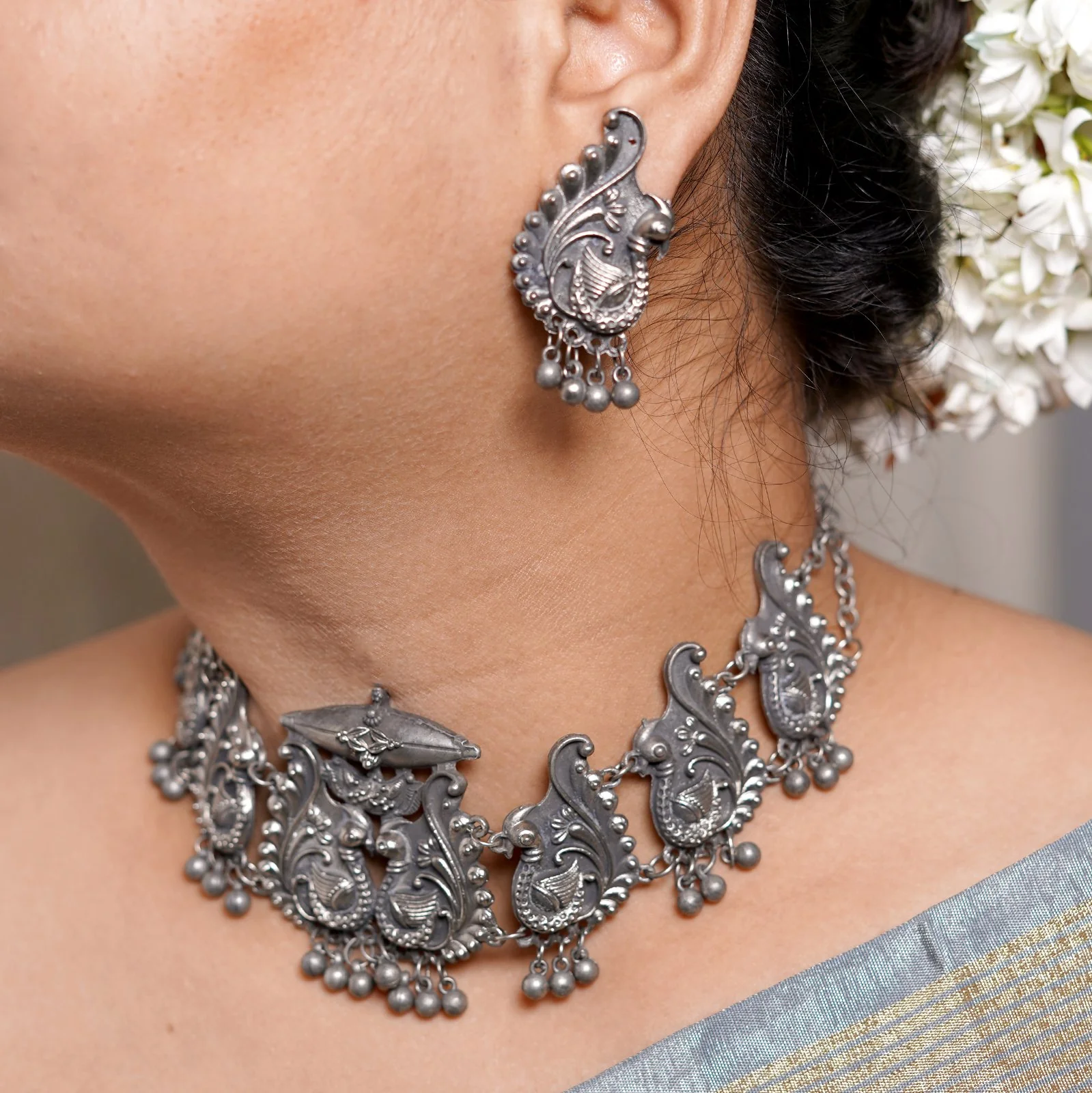 Suhani Peacock Silver Oxidised Necklace Set - Image 2