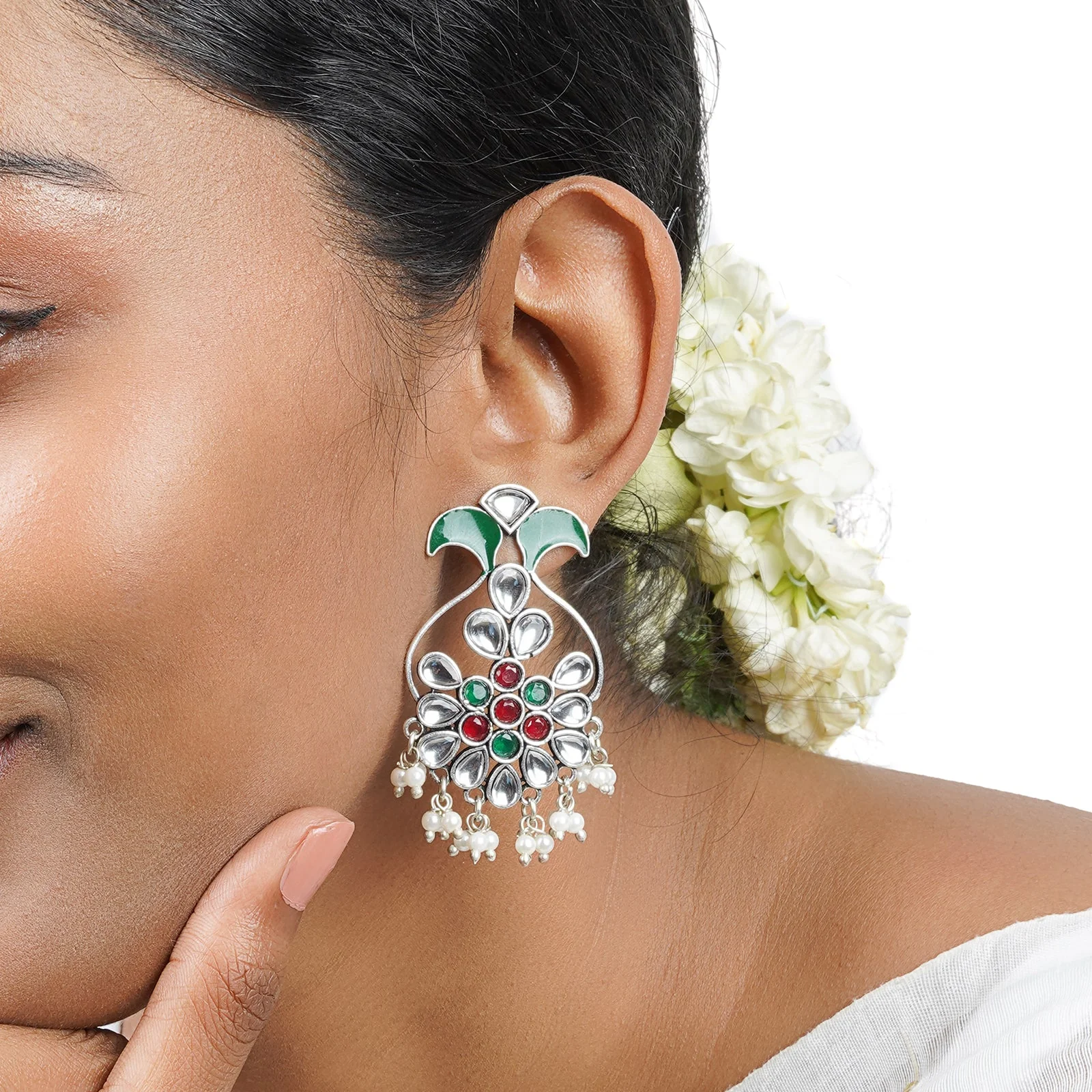 Teejh Sunehri Green Red Silver Oxidised Earring - Image 2