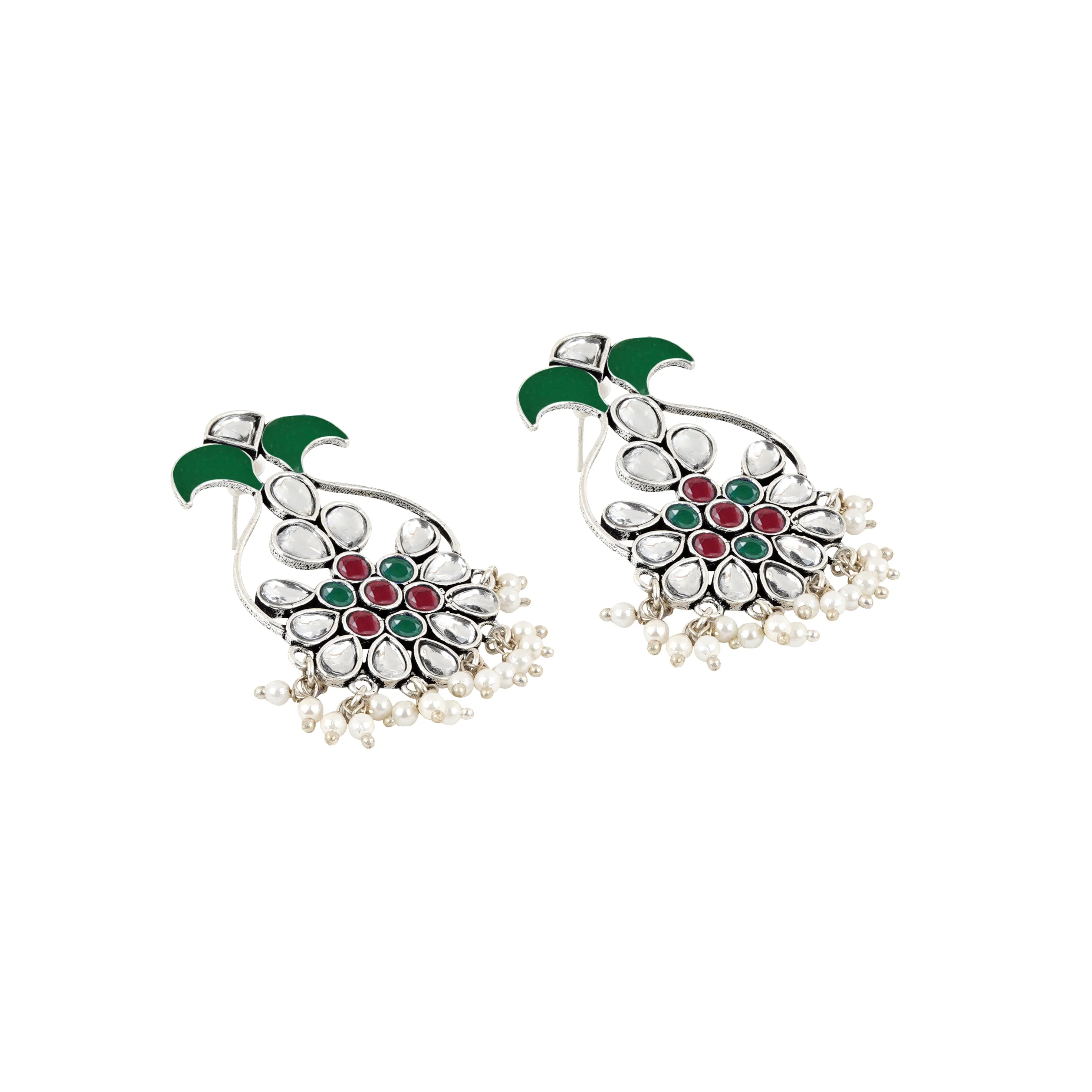 Teejh Sunehri Green Red Silver Oxidised Earring - Image 4