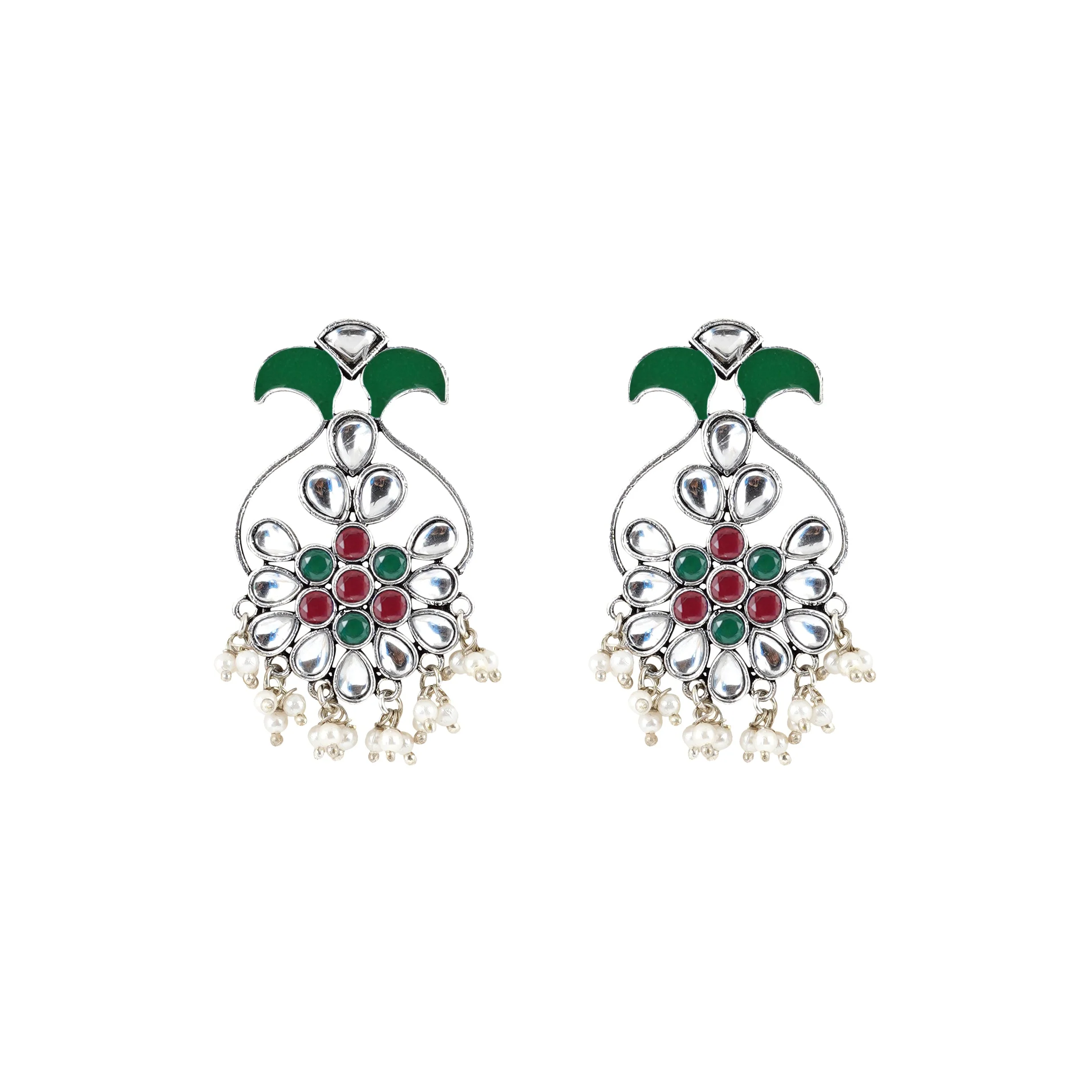 Teejh Sunehri Green Red Silver Oxidised Earring - Image 5