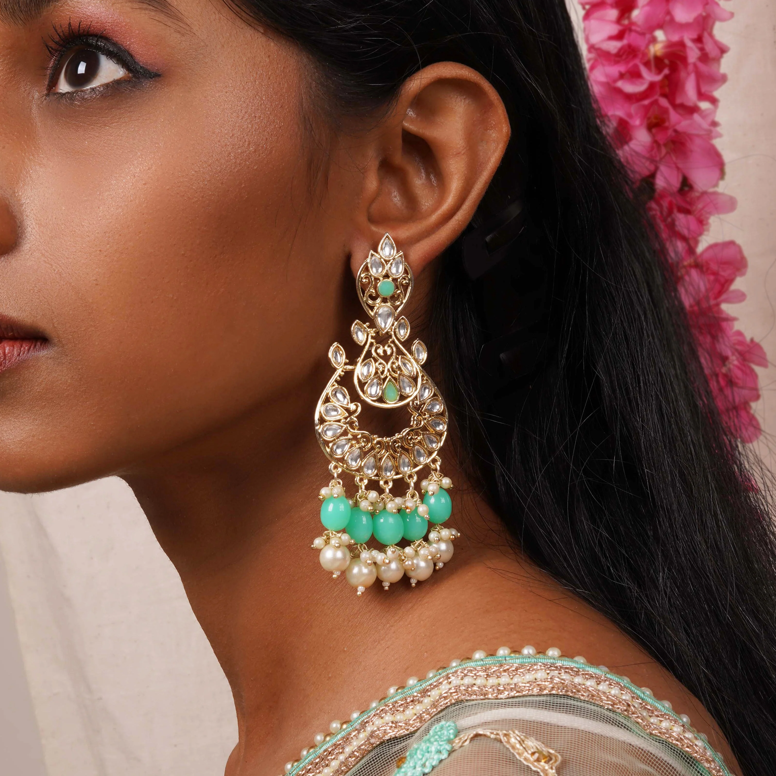 Teejh Urveeja Mint Green Gold Enamel Earrings - Image 2