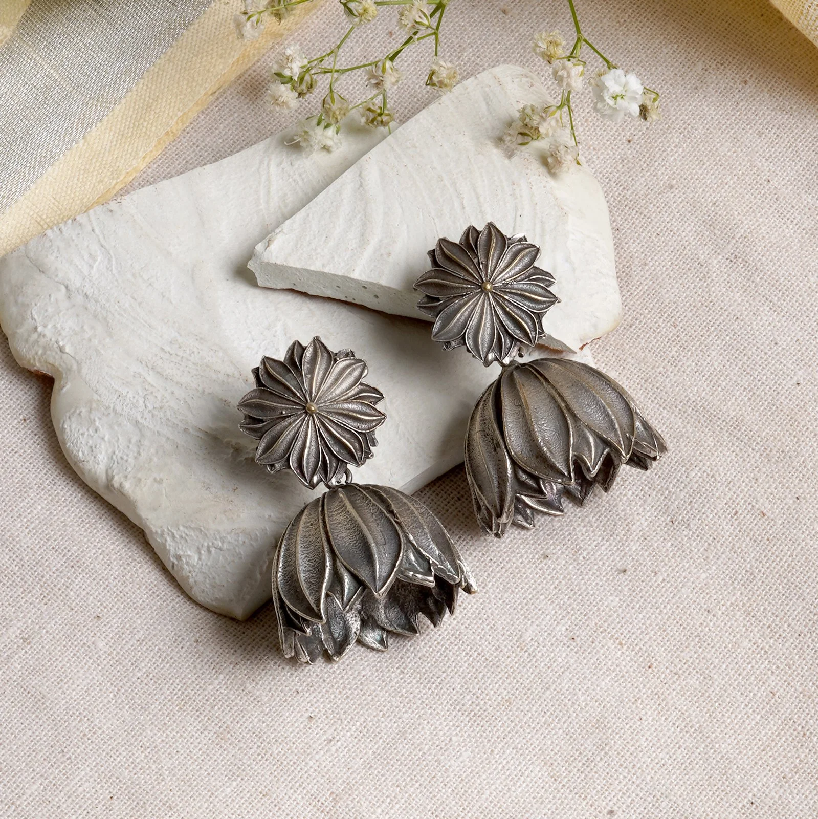 Teejh Vasana Silver Oxidised Floral Earrings - Image 2