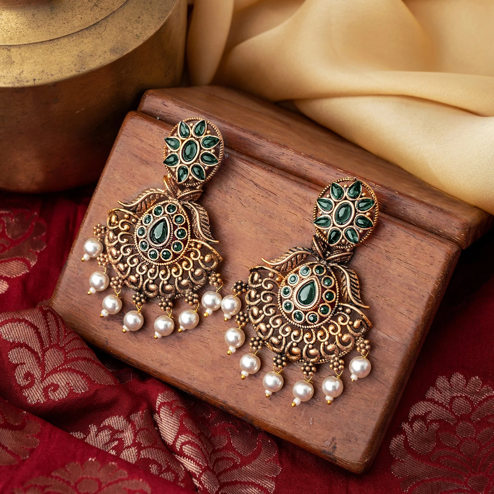 Teejh Vikasini Dark Green Gold Enamel Earrings - Image 2