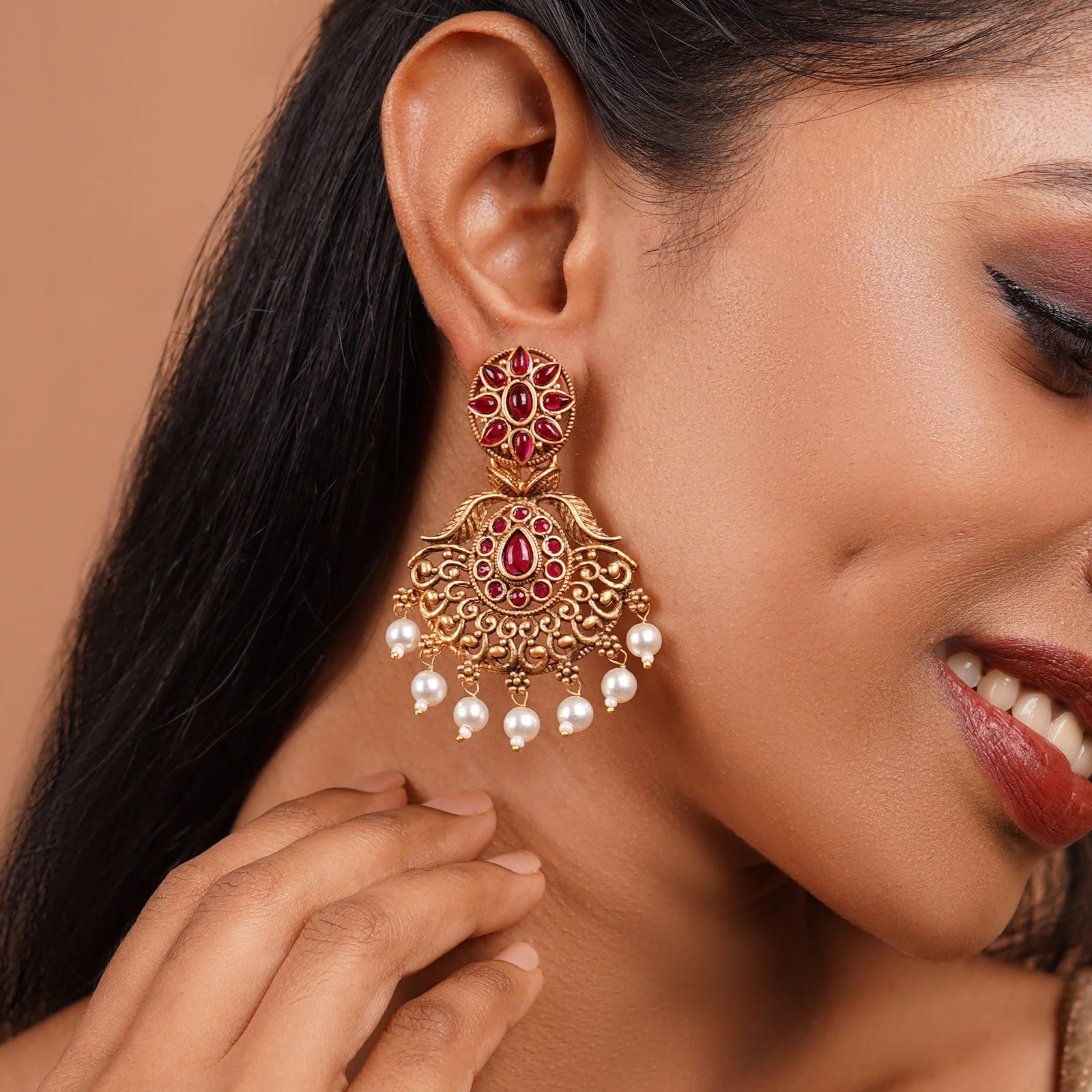 Teejh Vikasini Magenta Gold Enamel Earrings - Image 2