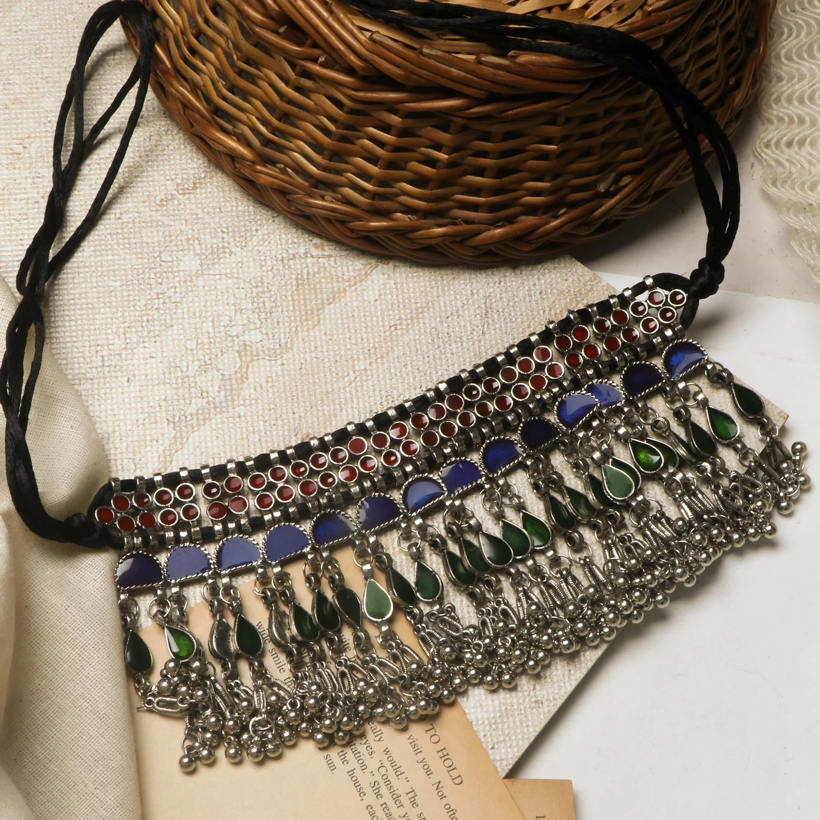 Teejh Zaira Mulitcolored Silver Oxidised Choker Necklace - Image 2