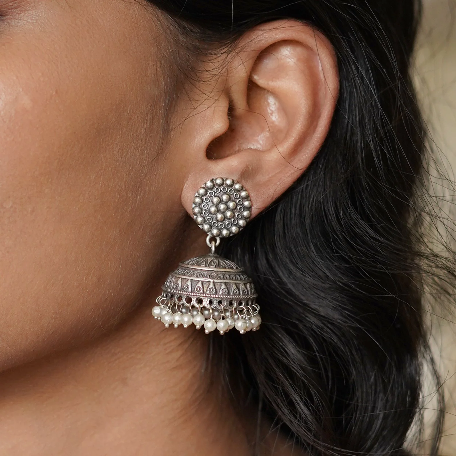 Teejh Zarna Silver Oxidised Jhumki Earrings - Image 2