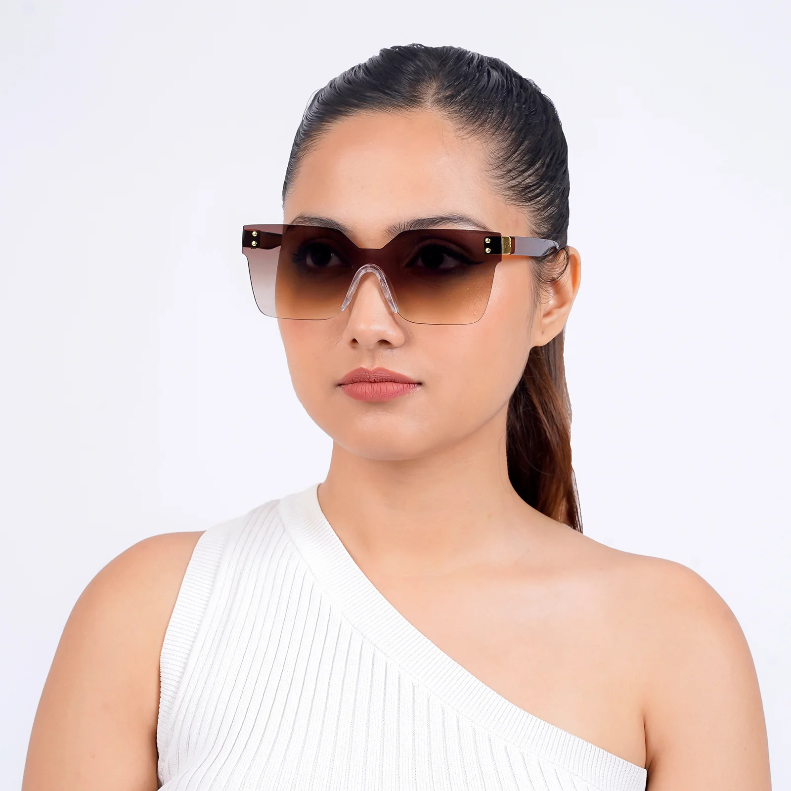 Tenzin Rimless Brown Tinted Oversized Sunglasses - Image 3