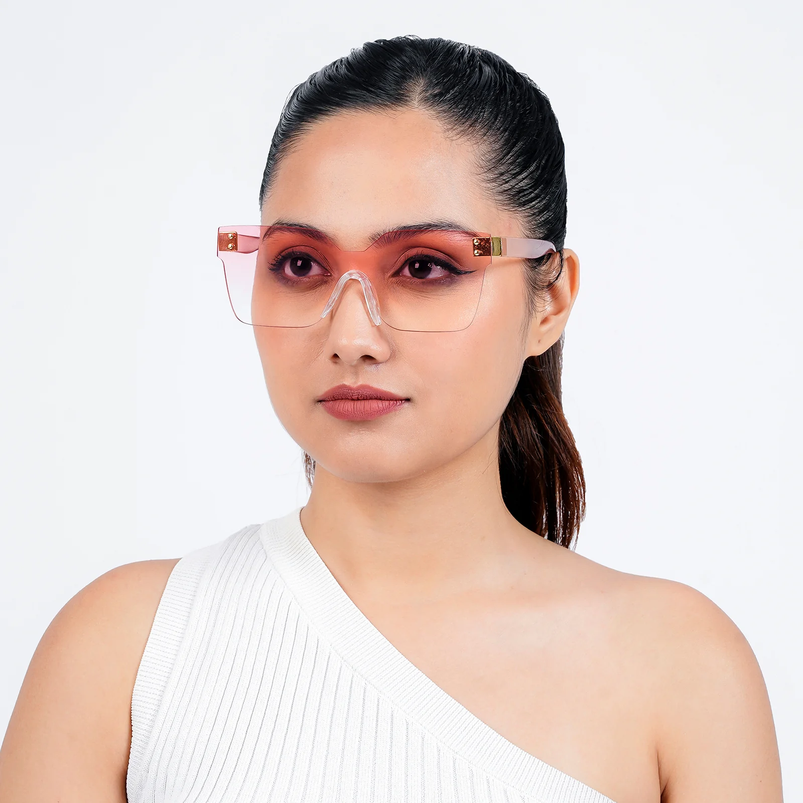 Tenzin Rimless Pink Tinted Oversized Sunglasses - Image 3