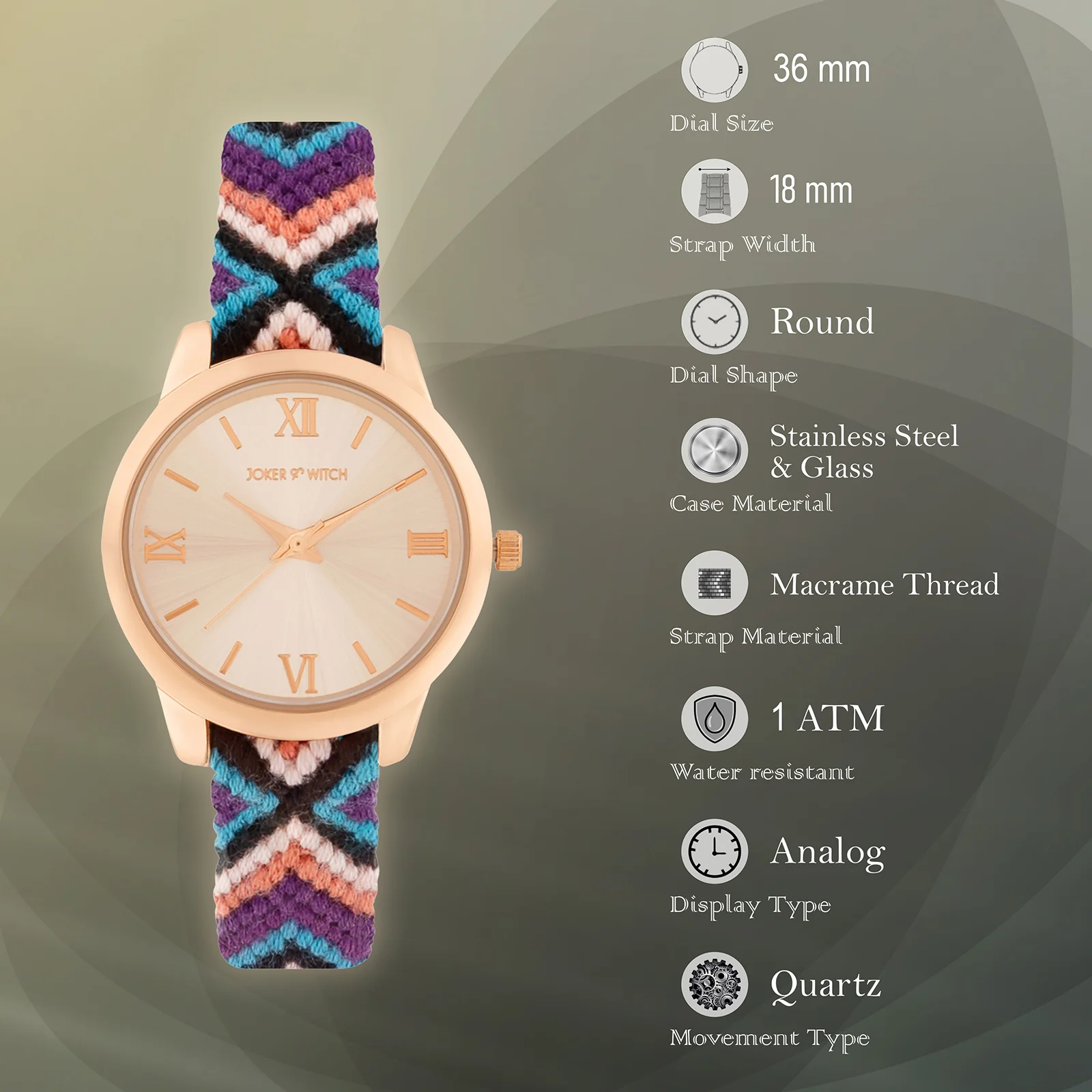 Tide & Twine Rose Gold Medium Dial Multicolor Macrame Strap Women's Watch - Image 7