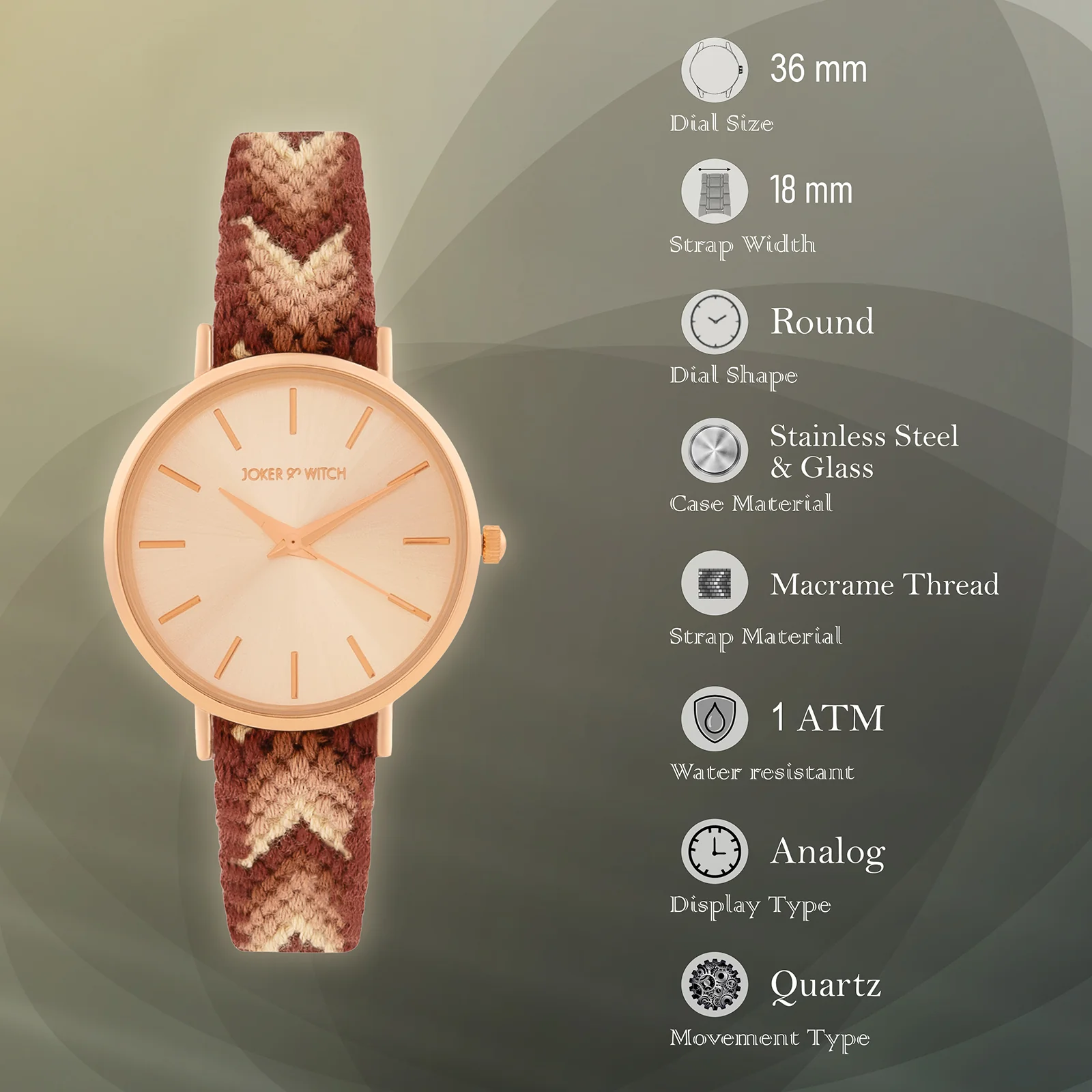 Tierra Rose Gold Medium Dial Brown Macrame Strap Women's Watch - Image 7