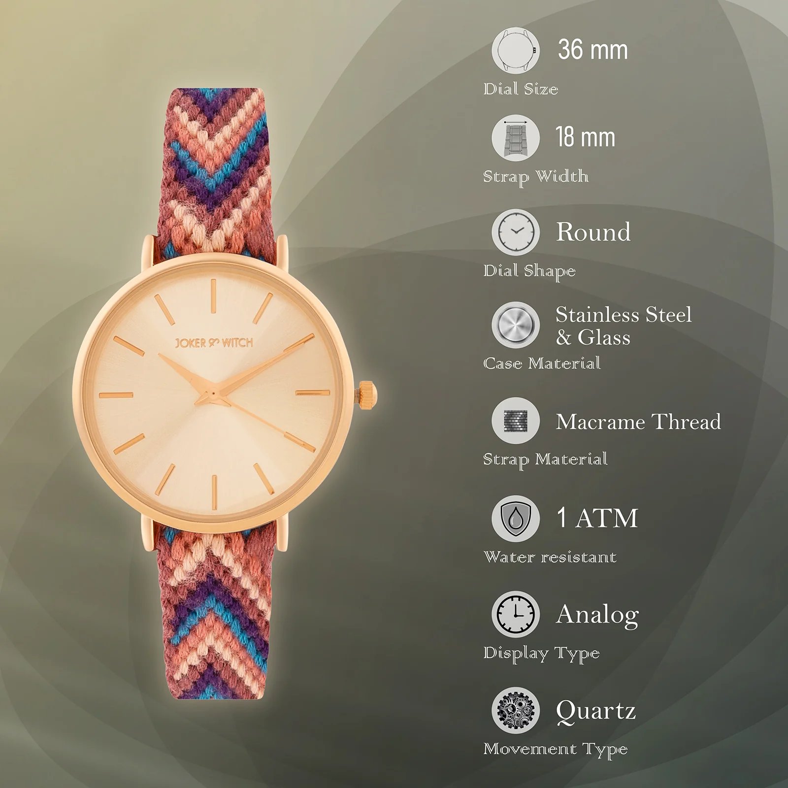 Tierra Rose Gold Medium Dial Multicolor Macrame Strap Women's Watch - Image 7