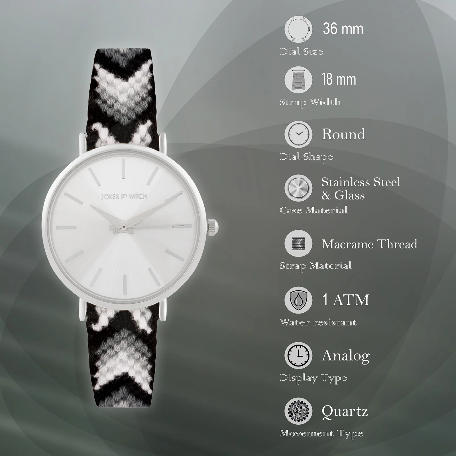 Tierra Silver Medium Dial Black Macrame Strap Women's Watch - Image 7