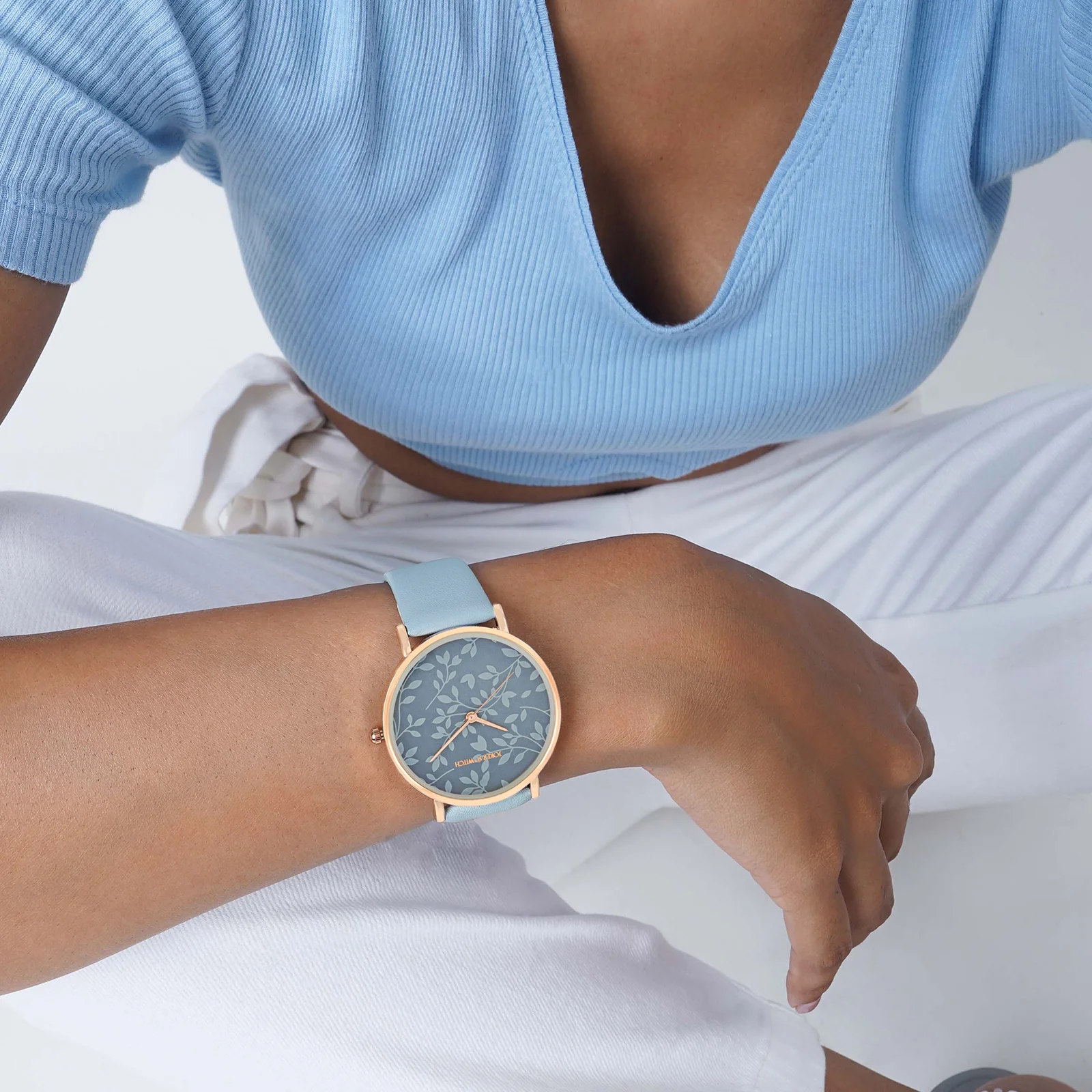 Printed Fern Blue Medium Dial PU Strap Women's Watch - Image 2