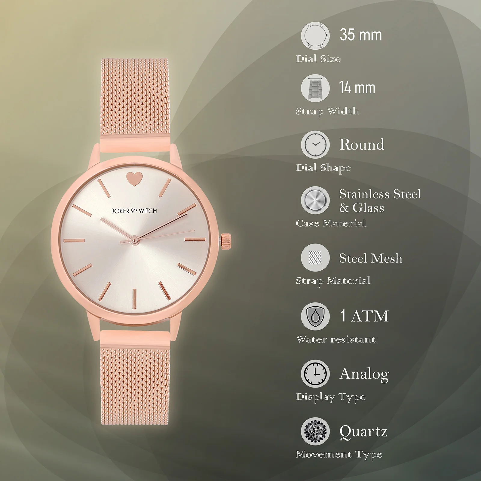 Twelve O'Heart Rose Gold Medium Dial Mesh Strap Women's Watch - Image 7
