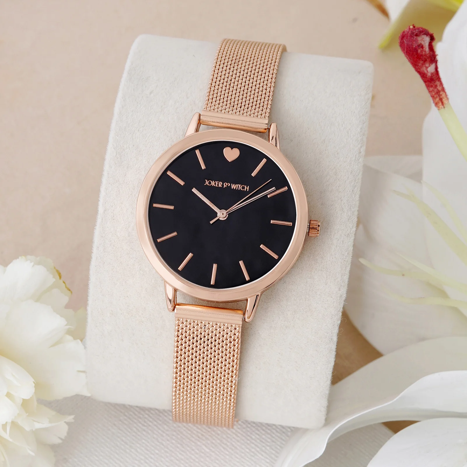 Twelve O'Heart Black Small Dial Rose Gold Mesh Strap Women's Watch - Image 3