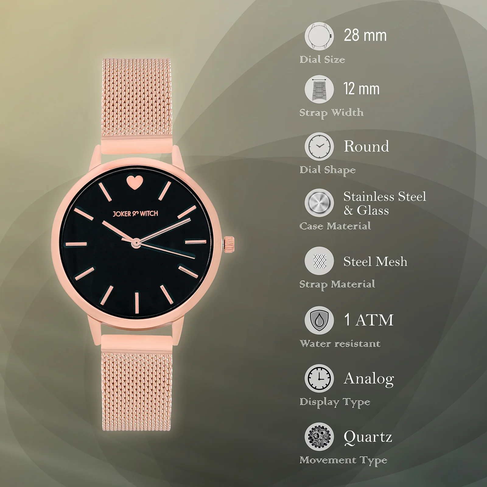 Twelve O'Heart Black Small Dial Rose Gold Mesh Strap Women's Watch - Image 7