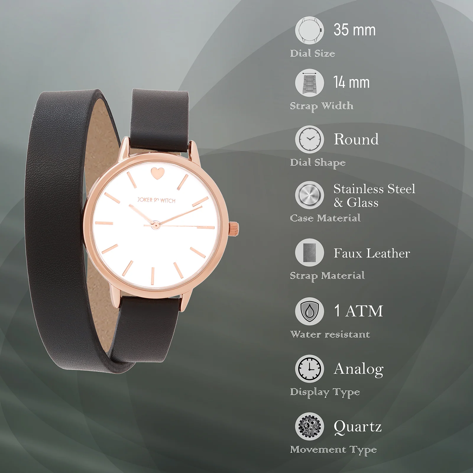 Twelve O'Heart Rose Gold White Medium Dial Black PU Wrap Around Strap Women's Watch - Image 7