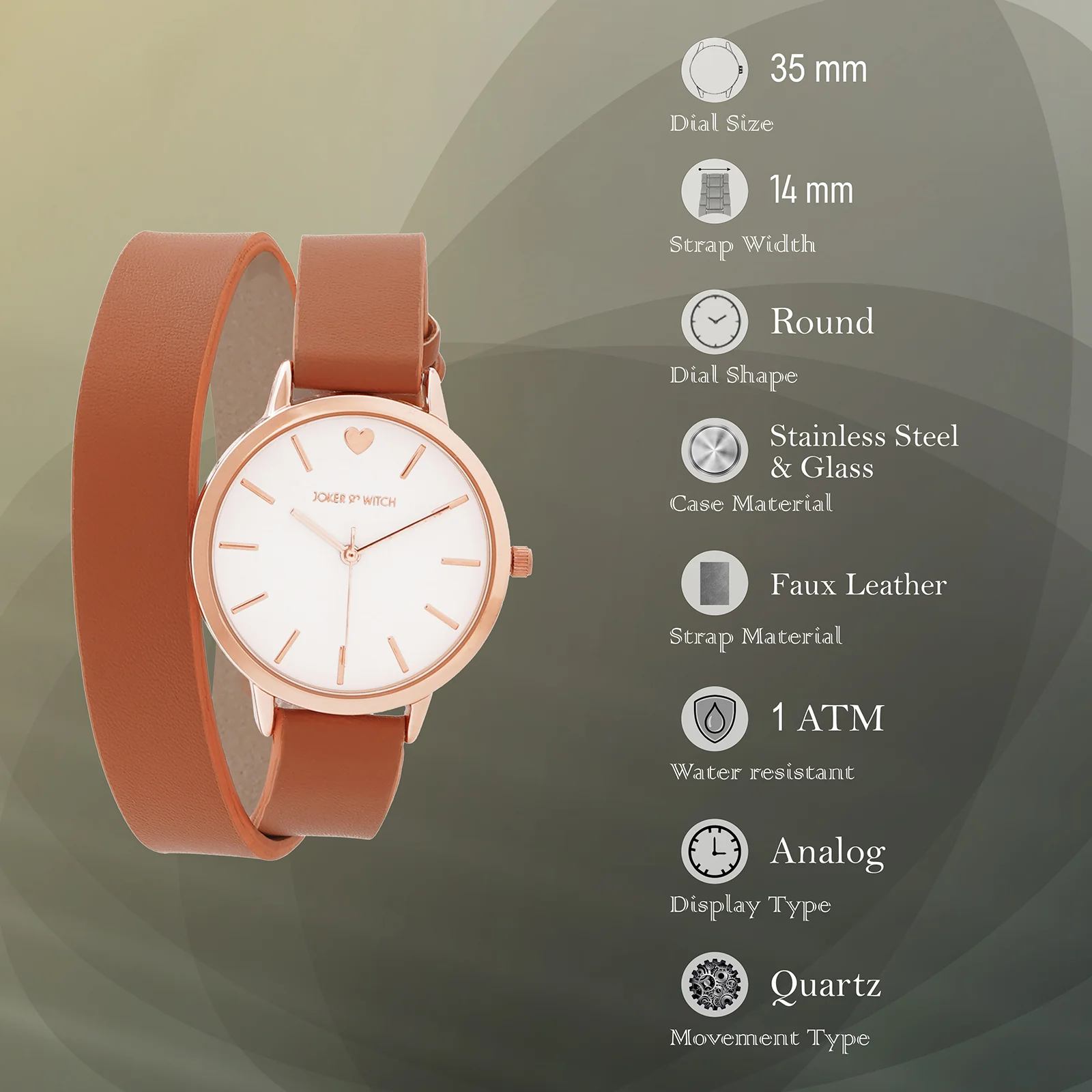 Twelve O'Heart White Medium Dial Tan PU Wrap Around Strap Women's Watch - Image 7
