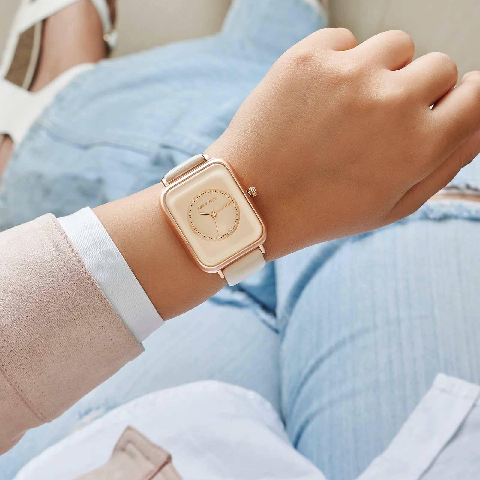 Utopia Beige Medium Rectangle Dial PU Strap Unisex Watch - Image 2