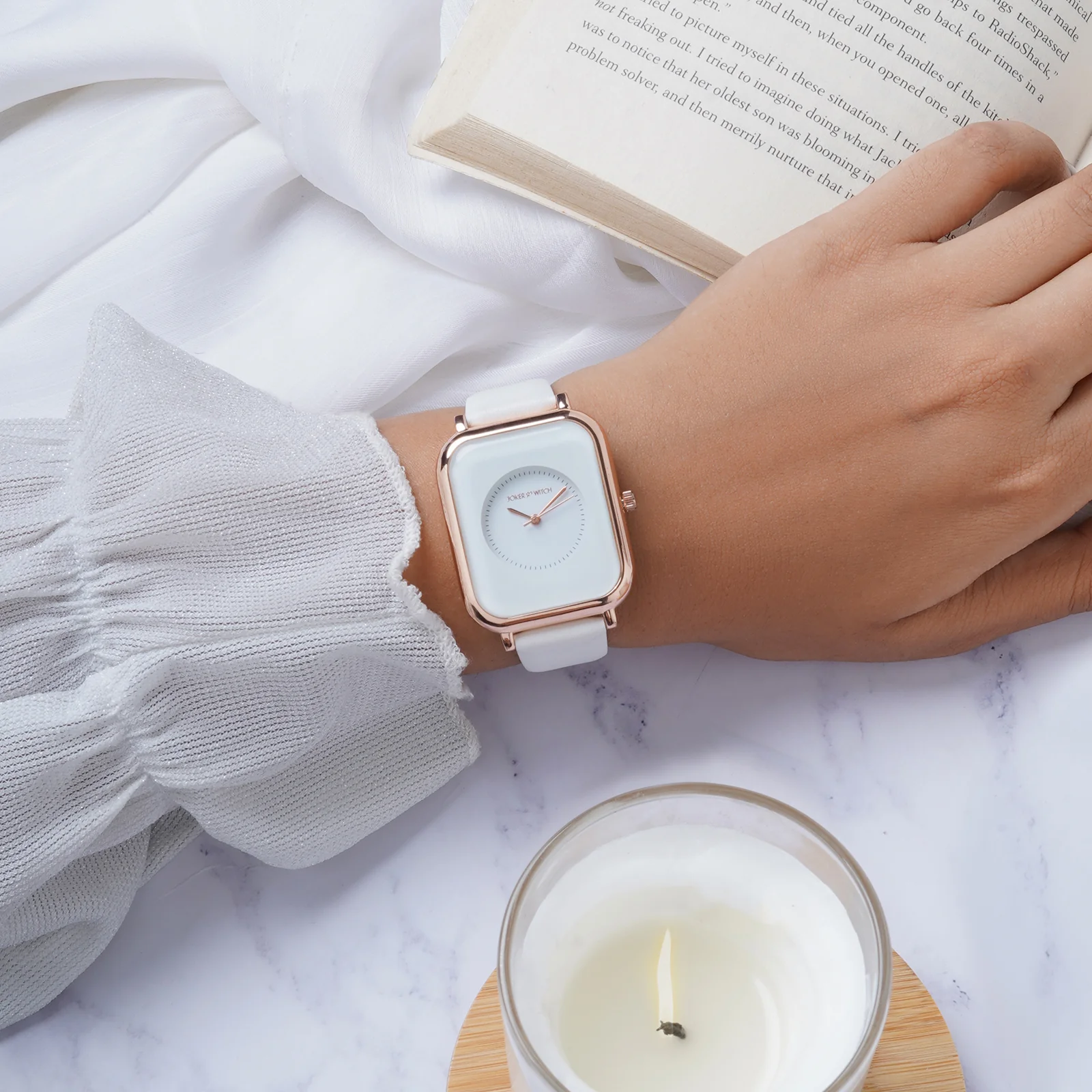 Utopia White Medium Rectangle Dial PU Strap Unisex Watch - Image 3