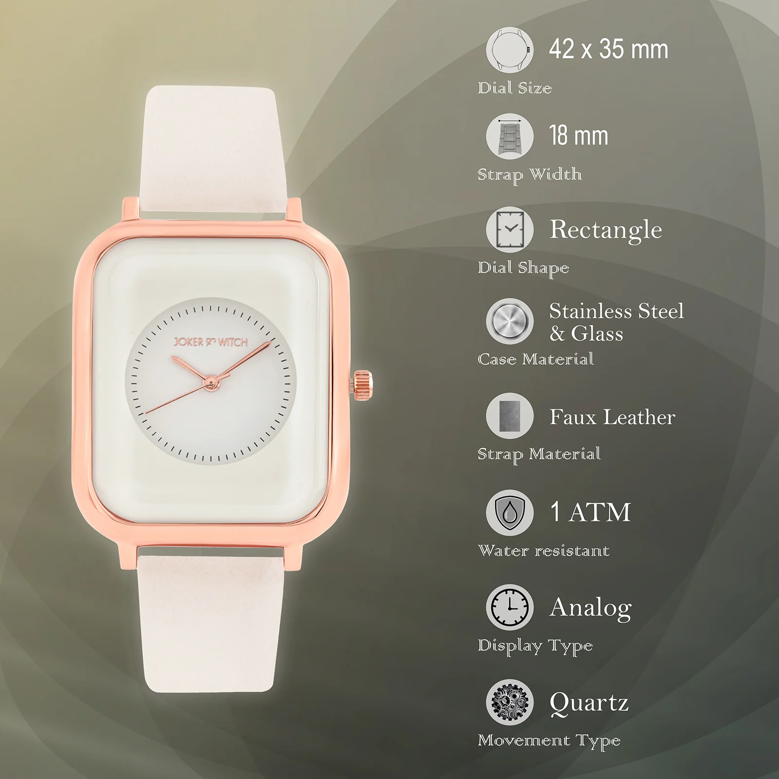 Utopia White Medium Rectangle Dial PU Strap Unisex Watch - Image 7