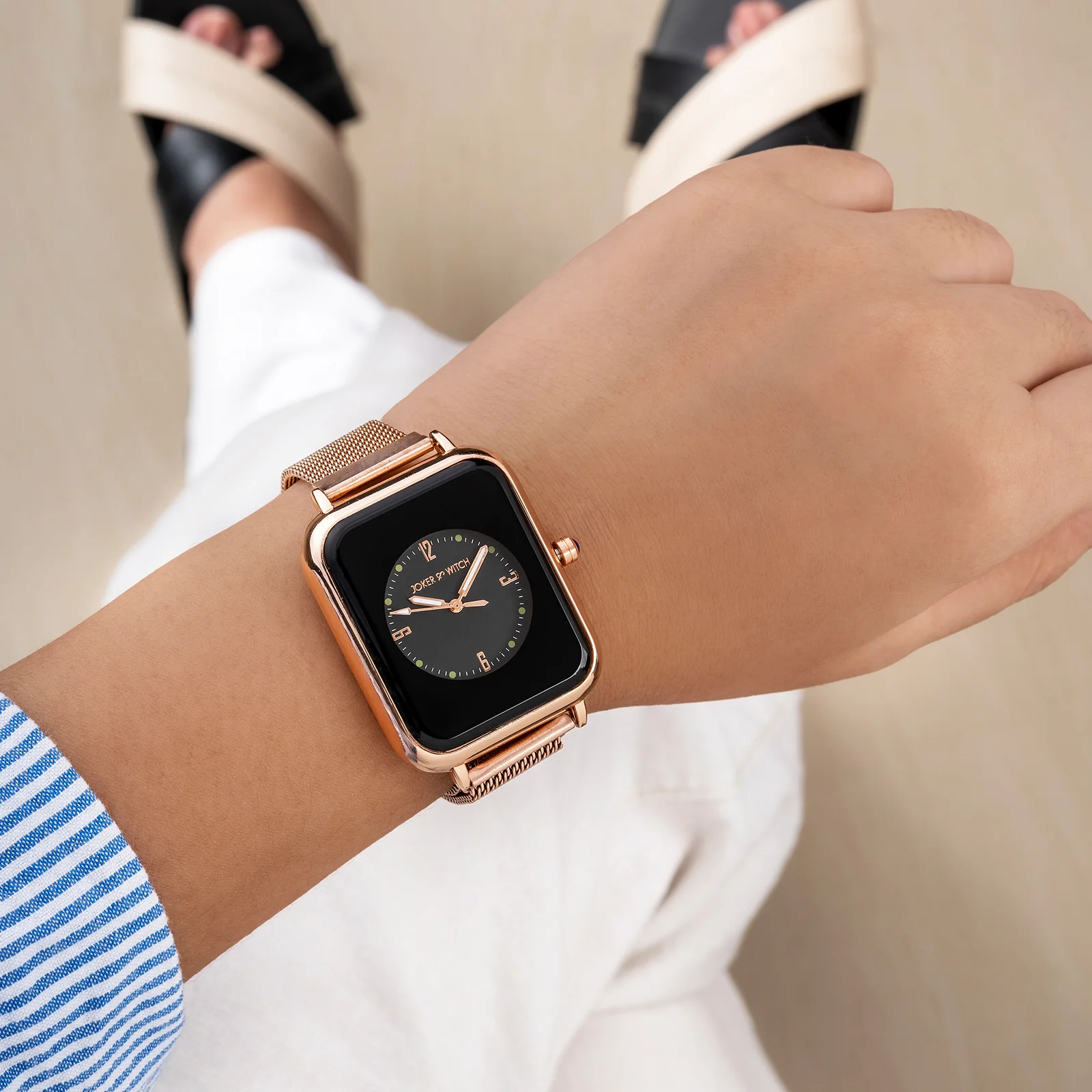 Utopia Black Medium Rectangle Dial Rose Gold Magnetic Strap Women's Watch - Image 2