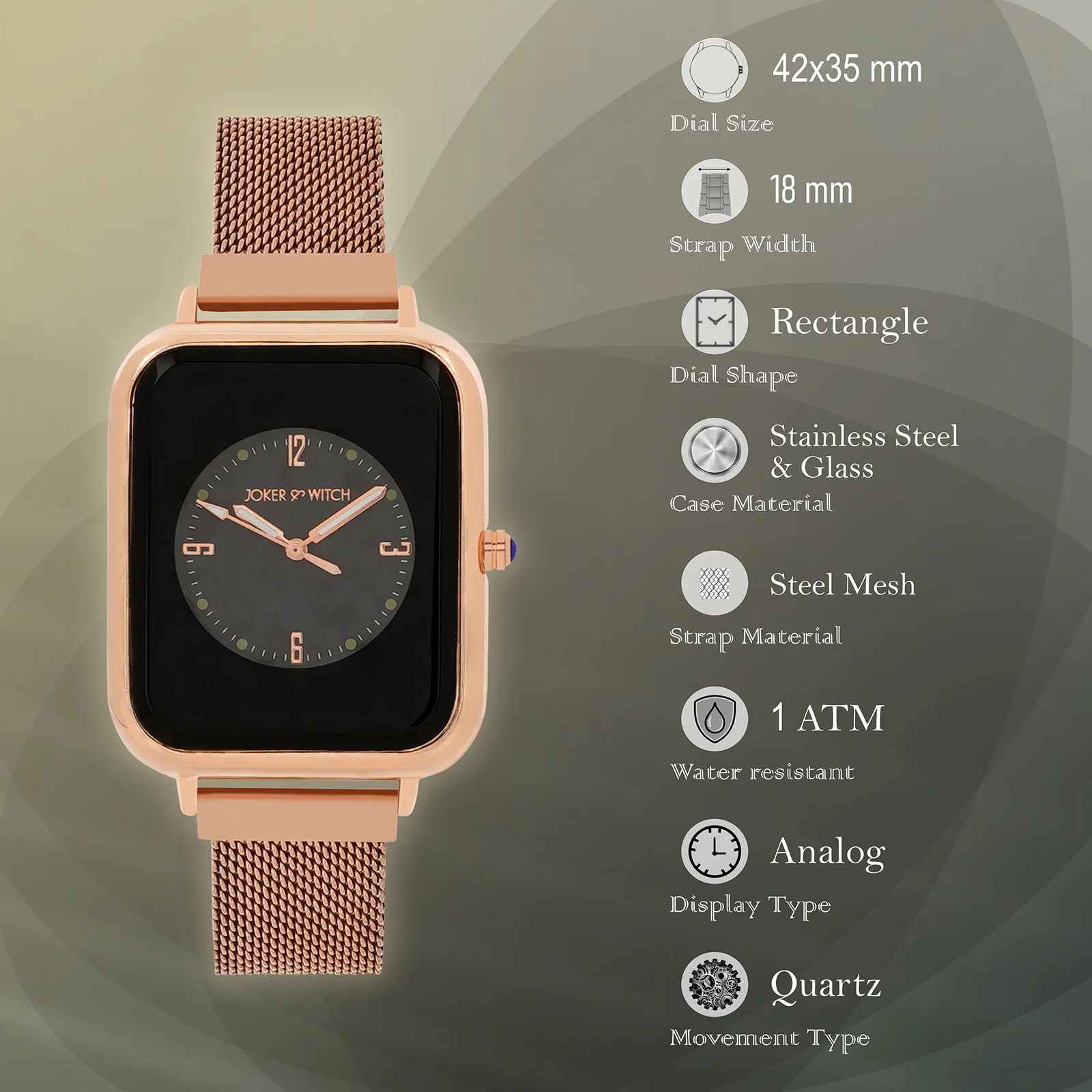 Utopia Black Medium Rectangle Dial Rose Gold Magnetic Strap Women's Watch - Image 7