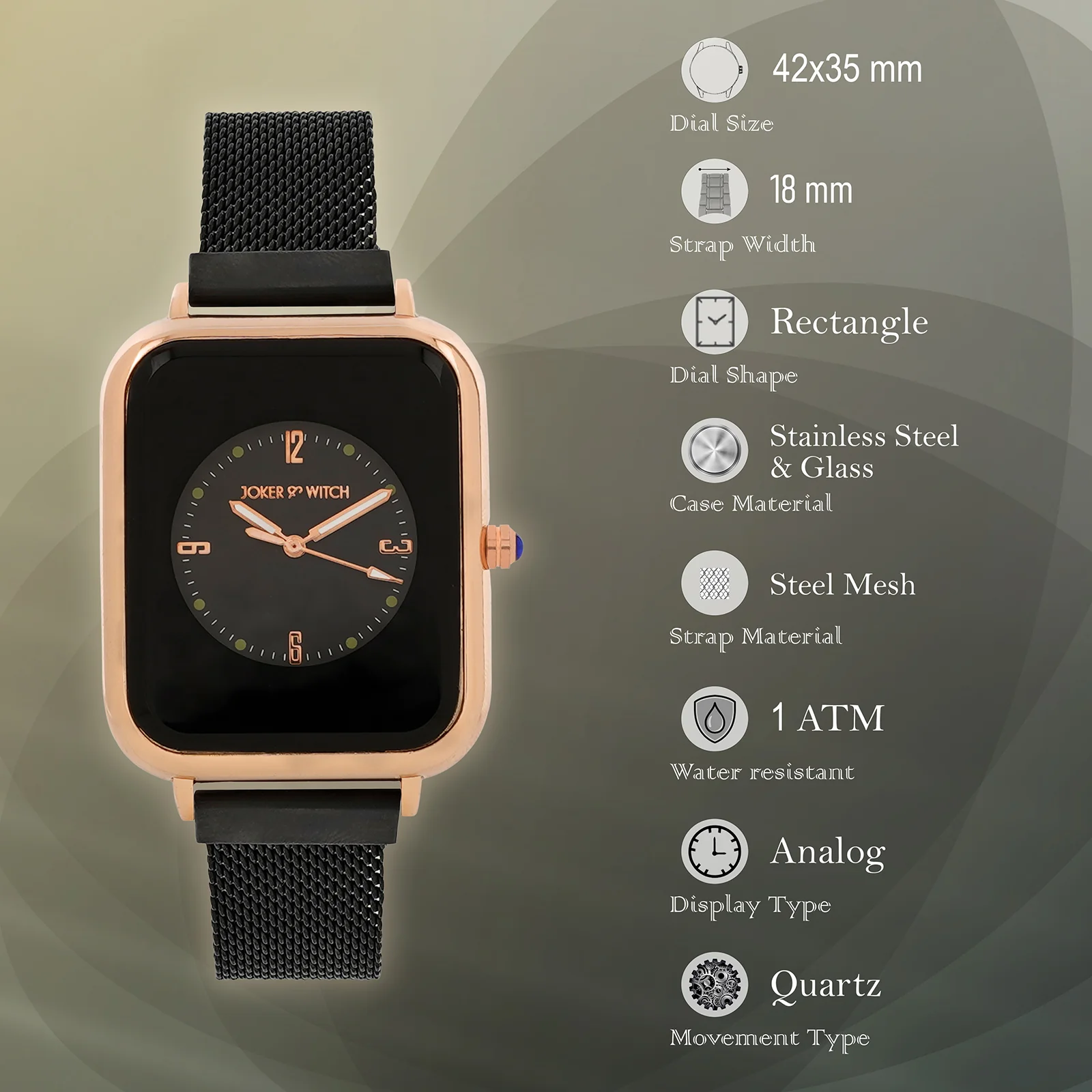 Utopia Black Medium Rectangle Dial Magnetic Strap Women's Watch - Image 7
