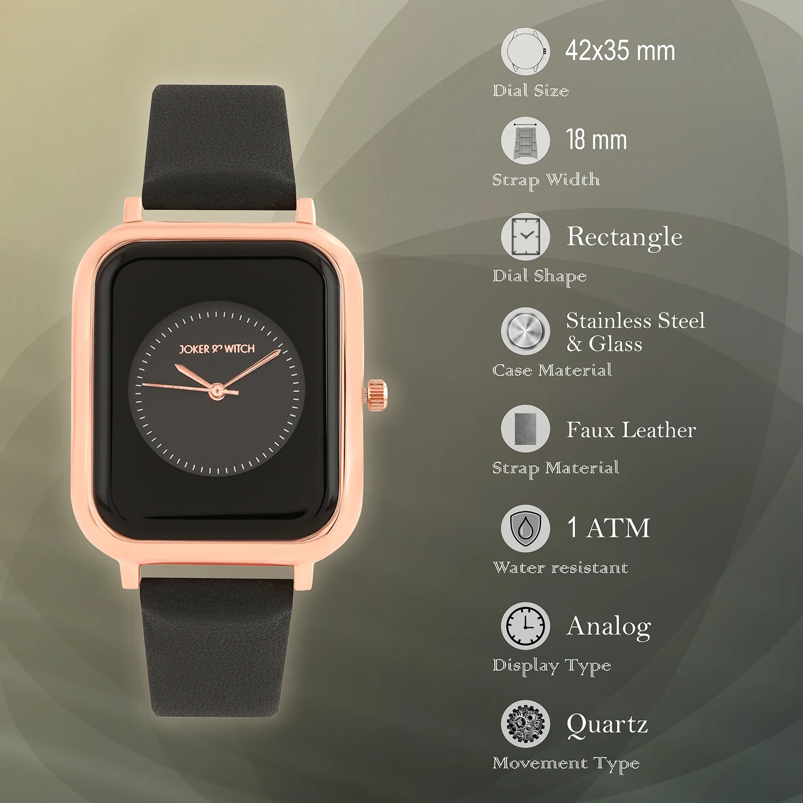 Utopia Black Medium Rectangle Dial PU Strap Unisex Watch - Image 7